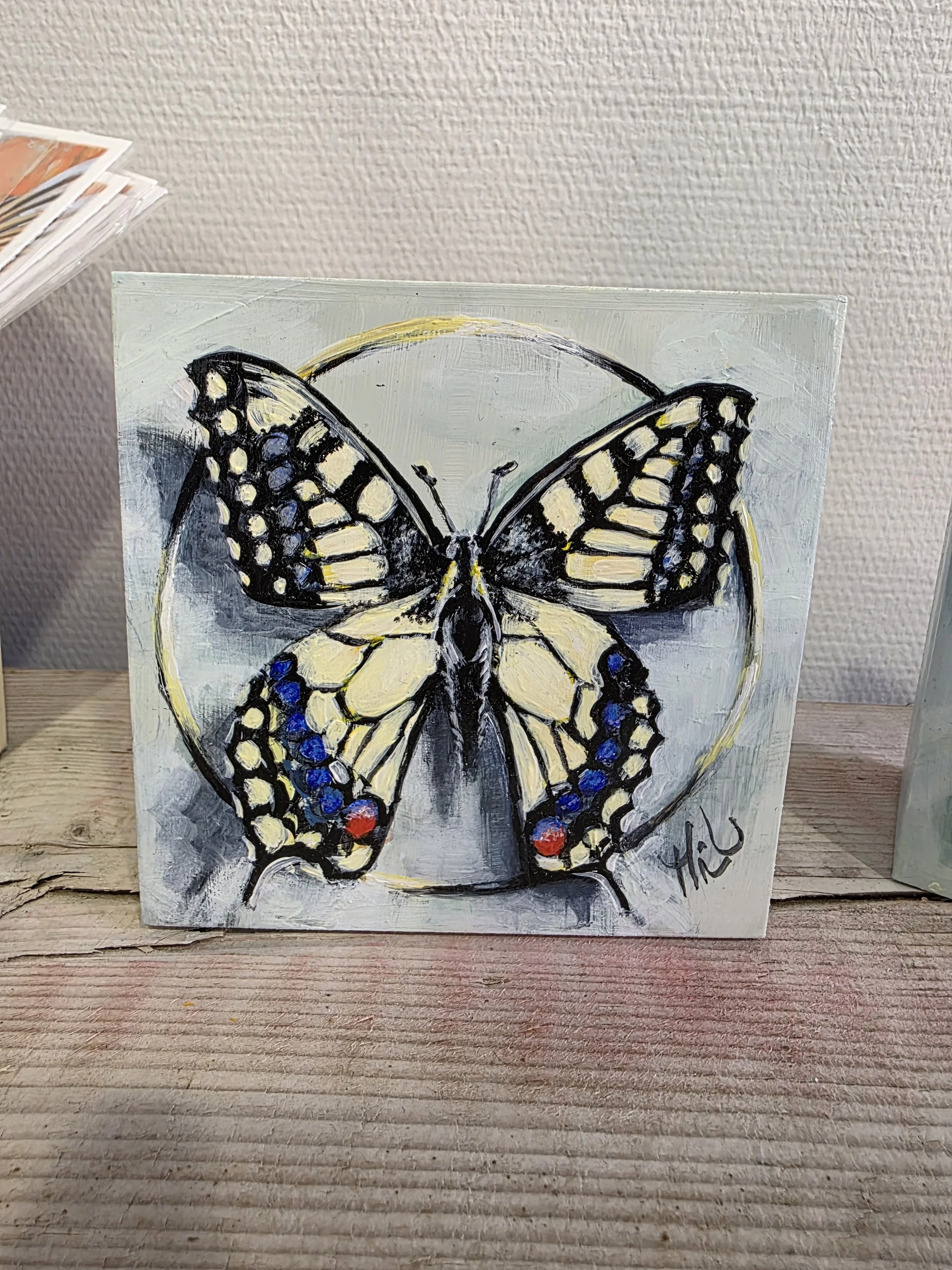 Schmetterling, Acryl auf Gessoboard - 10x10cm, zum Hängen und Stellen, Tiefe 4 cm