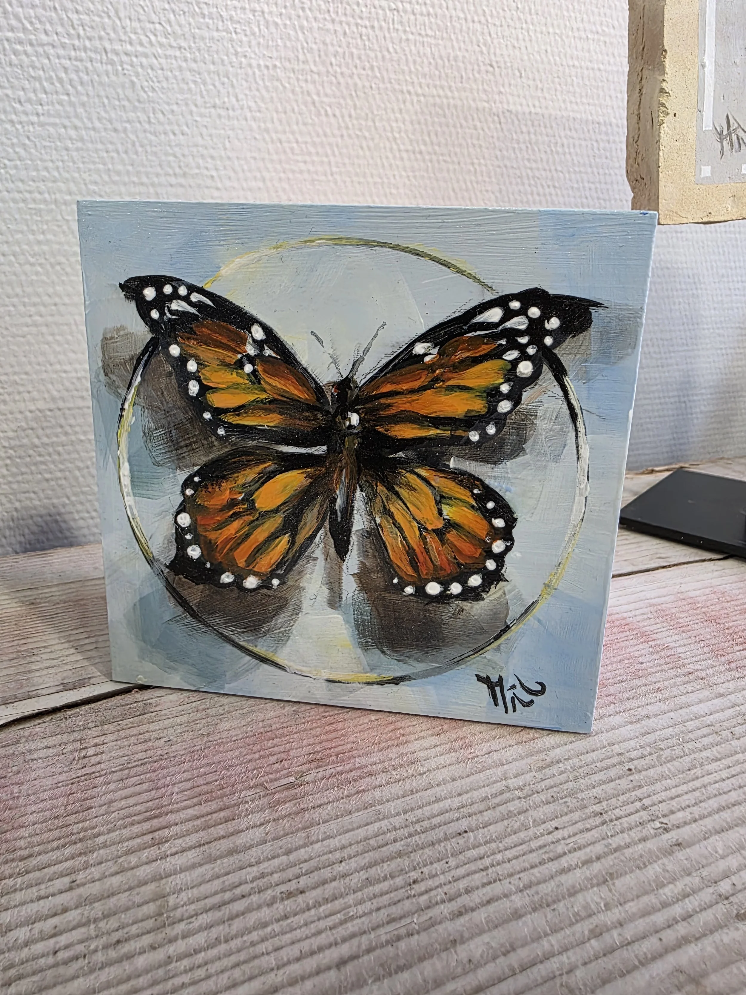 Schmetterling, Acryl auf Gessoboard - 10x10cm, zum Hängen und Stellen, Tiefe 4 cm