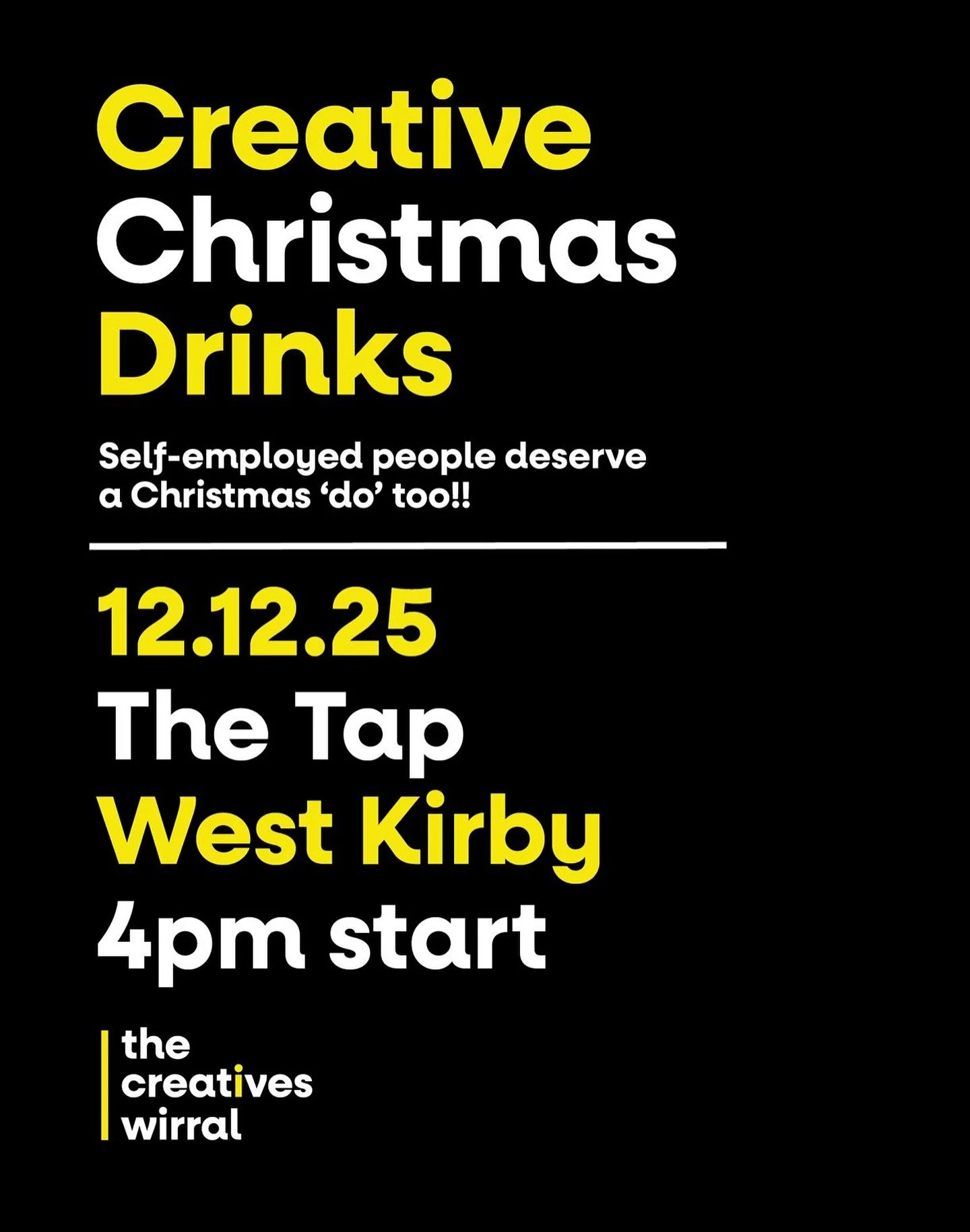 Annual Christmas meet-up for The Creatives Wirral, because self-employed people deserve a Christmas &lsquo;do&rsquo; too!

It&rsquo;s Friday 12th Dec, starting at 4pm, and meeting at The Tap in West Kirby. @thewestkirbytap as it&rsquo;s nice and big 
