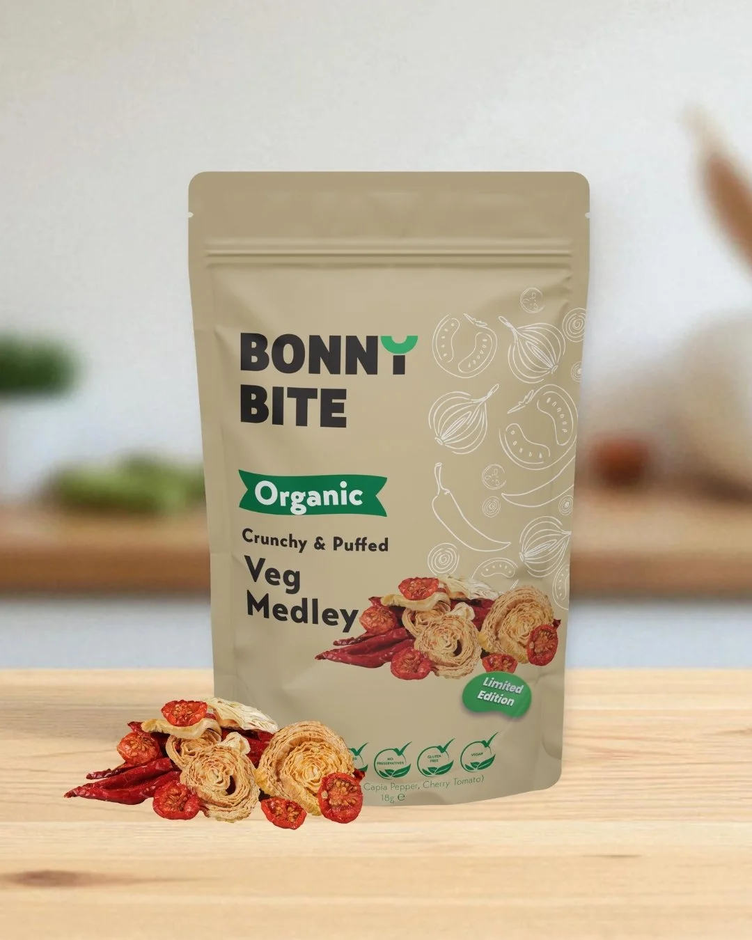 We&rsquo;ve taken organic onions, capia peppers, and cherry tomatoes at peak ripeness, gently dried and puffed them into light, crunchy bites bursting with real  flavour &mdash; no additives, just pure veggie goodness.

#bonnybiteuk #vegan #snacks #v