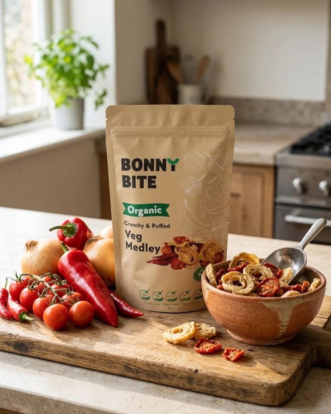 Our Crunchy &amp; Puffed Veg Medley is a flavour explosion of organic onions, sweet capia peppers, and juicy cherry tomatoes&mdash;puff-dried to perfection.

#food #foodie #instafood #snack #snacks #snacking #organic #vegan #glutenfree #noaddedsugar 