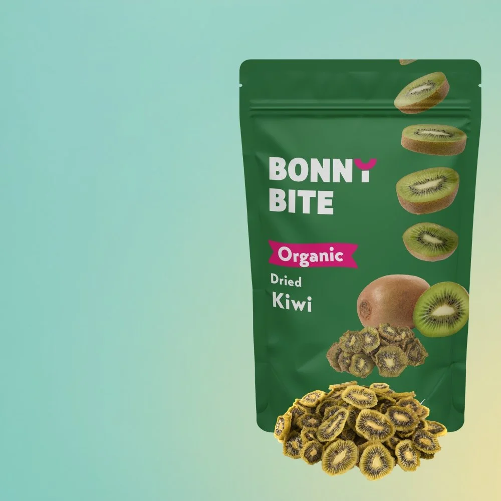 Pack of Bonny Bite Organic Dried Kiwi with sliced dried kiwi fruit pieces displayed on a bright blue background.