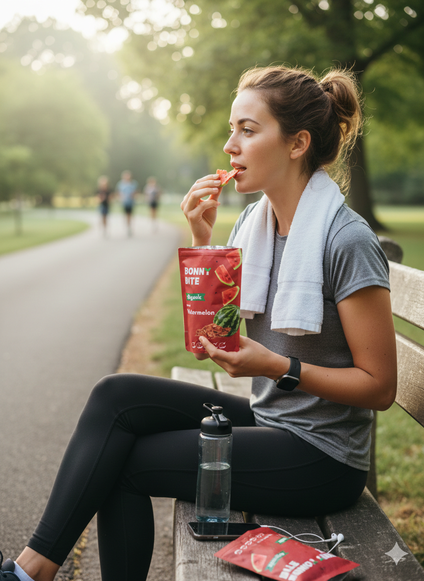 A young woman sitting on a park bench, eating the Dried Watermelon from Bonny Bite, with a towel around her neck and a water bottle beside her, in a park with trees and a walking trail in the background.