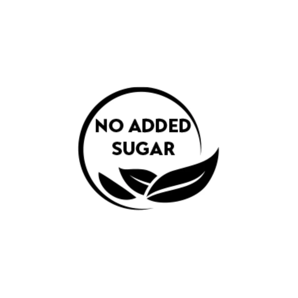 A black and white icon with the text 'No Added Sugar' inside a circle, surrounded by three leaves.