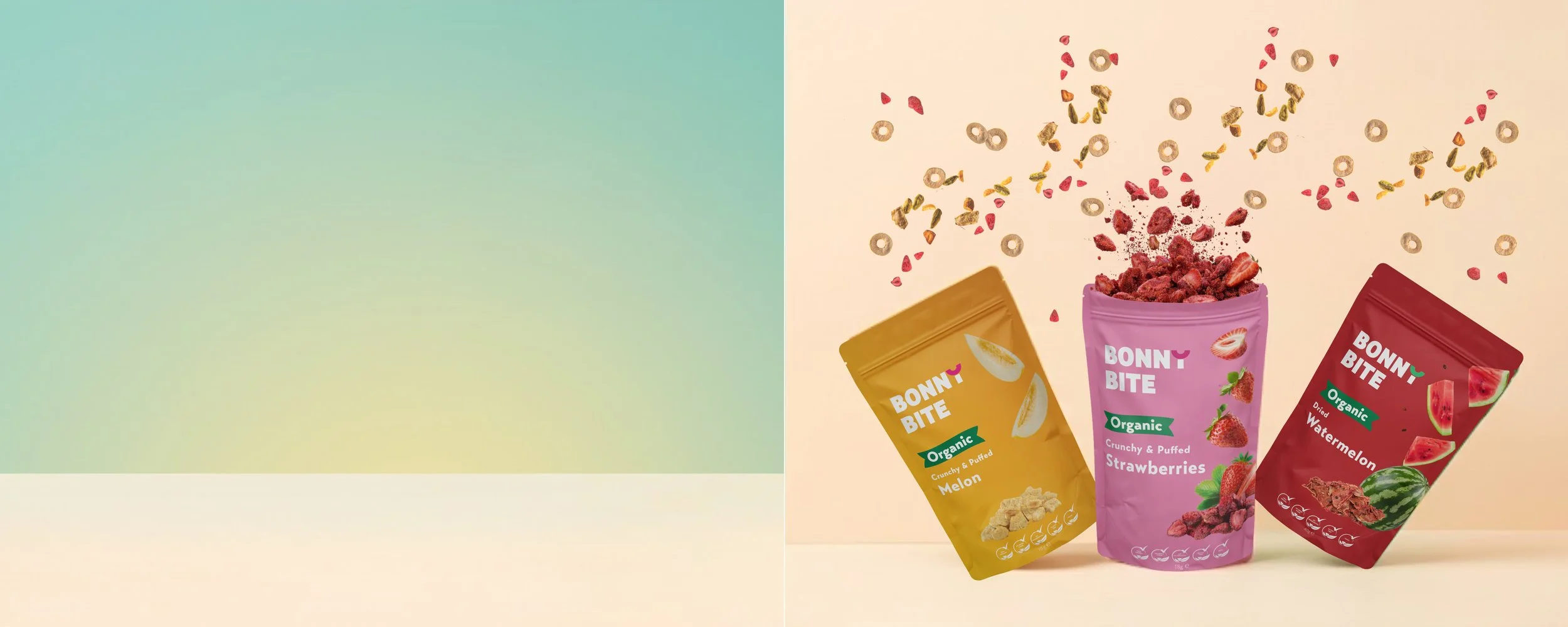 Three colourful snack pouches from Bonny Bite, featuring Organic Dried Watermelon, Crunchy & Puffed Strawberries, and Crunchy & Puffed Melon, with fruit pieces bursting out.
