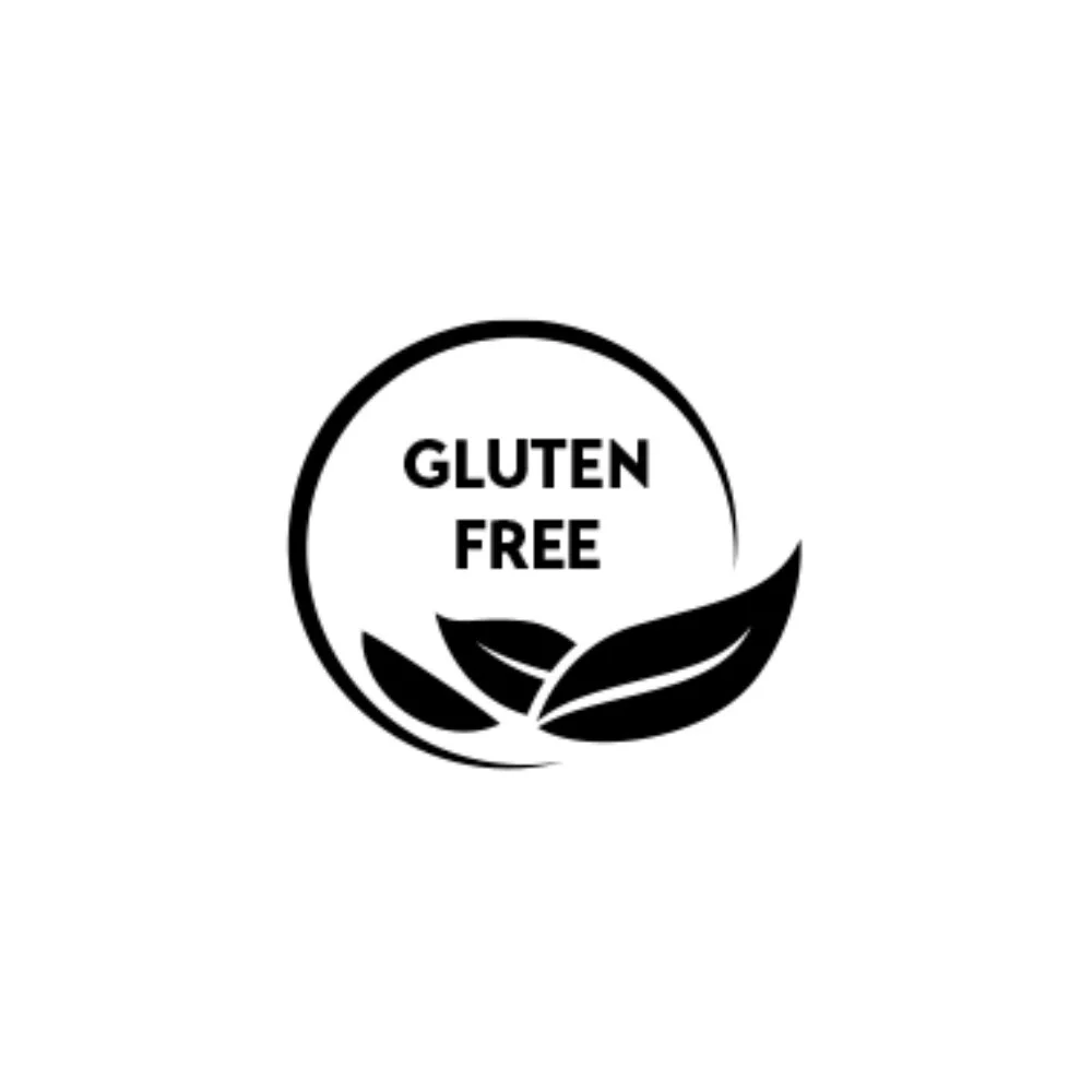 Black and white logo with the text 'Gluten Free' inside a circle, surrounded by stylized leaves.