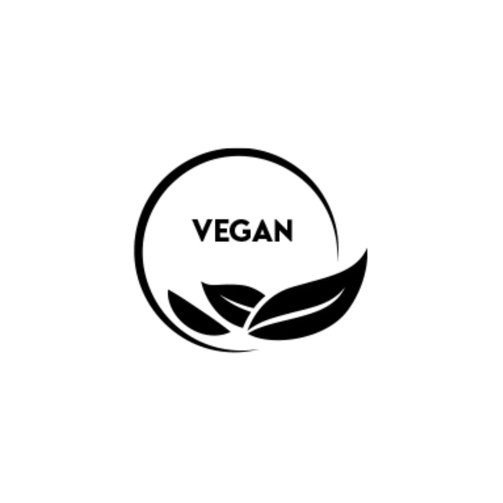 Vegan certification logo with stylized leaves and the word 'Vegan' inside a circular design.