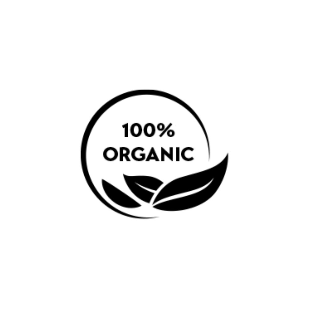 Black and white logo with the text '100% Organic' inside a circle, surrounded by leaves.