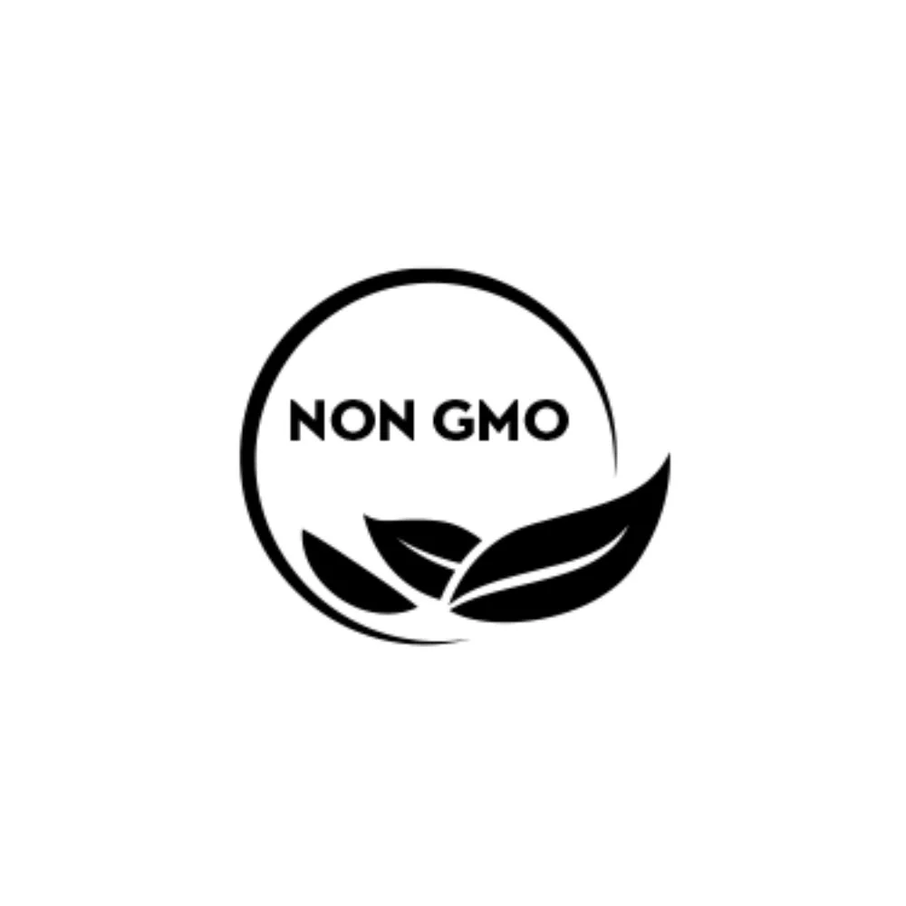 Black and white circular logo with the words 'Non GMO' and a leaf design.
