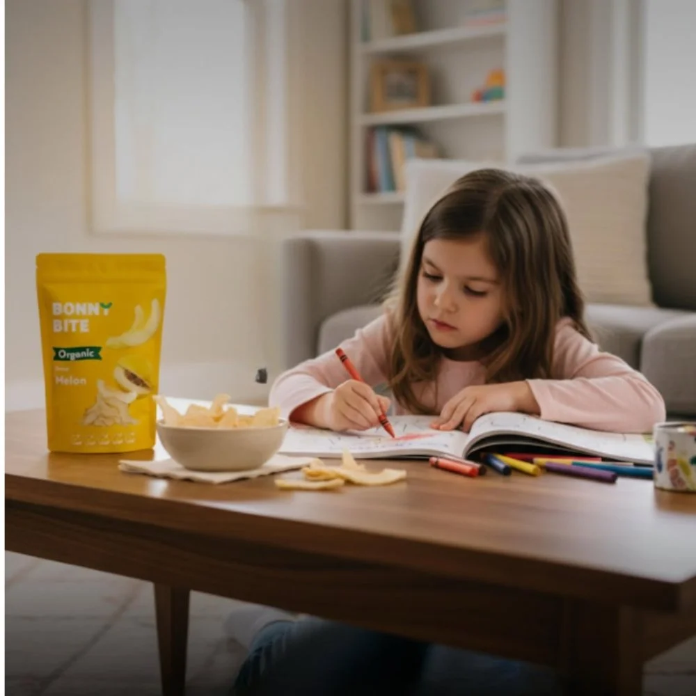 A young girl colouring in a book at a wooden coffee table. On the table is a pack of Bonny Bite organic Dried Melon, and some coloured markers. The background shows a living room with a grey couch and a bookshelf.