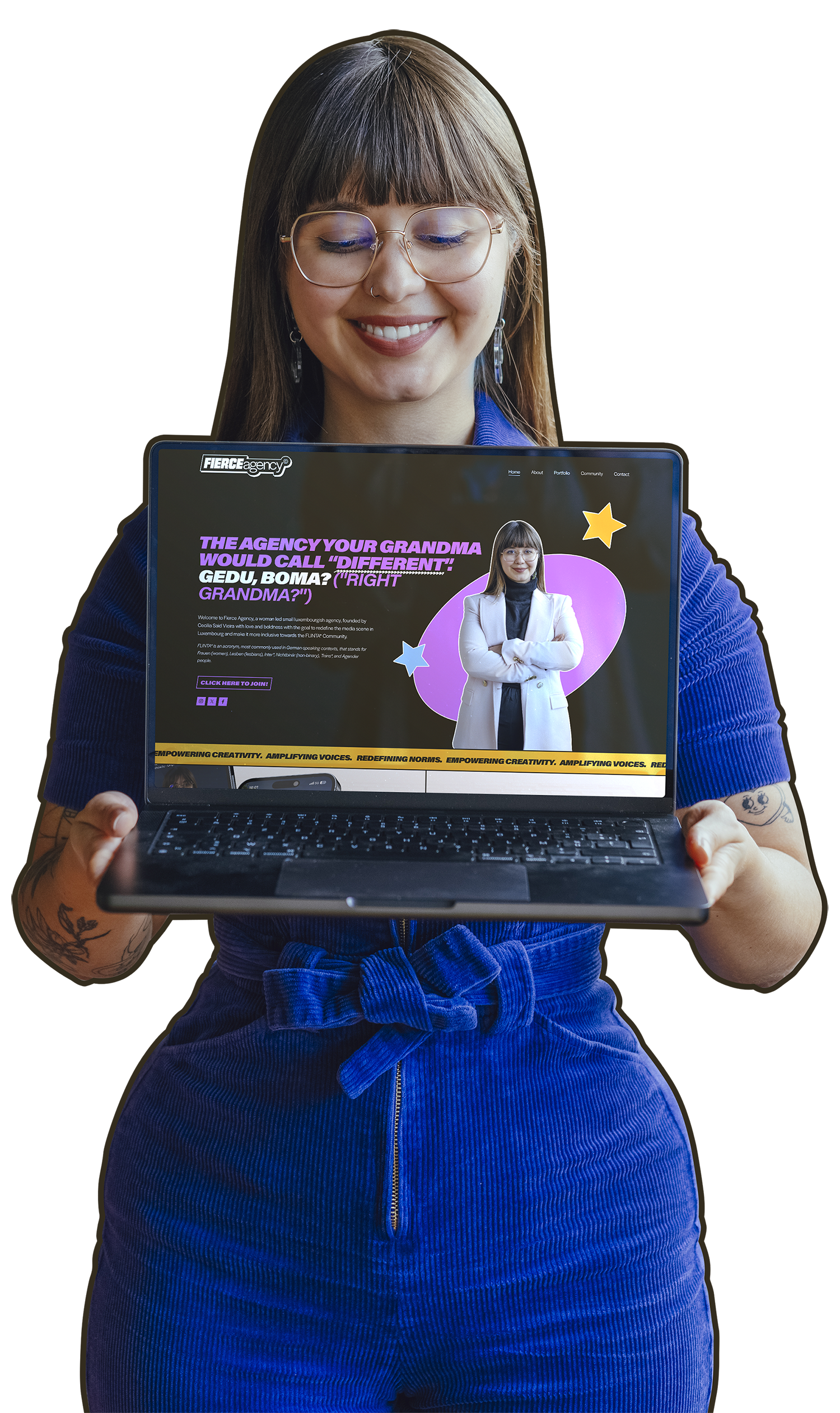 A woman with glasses and tattoos holding a laptop displaying a website for a creative agency called Fierce Agency, featuring a woman in a white blazer and colorful stars, with bold pink and purple text.