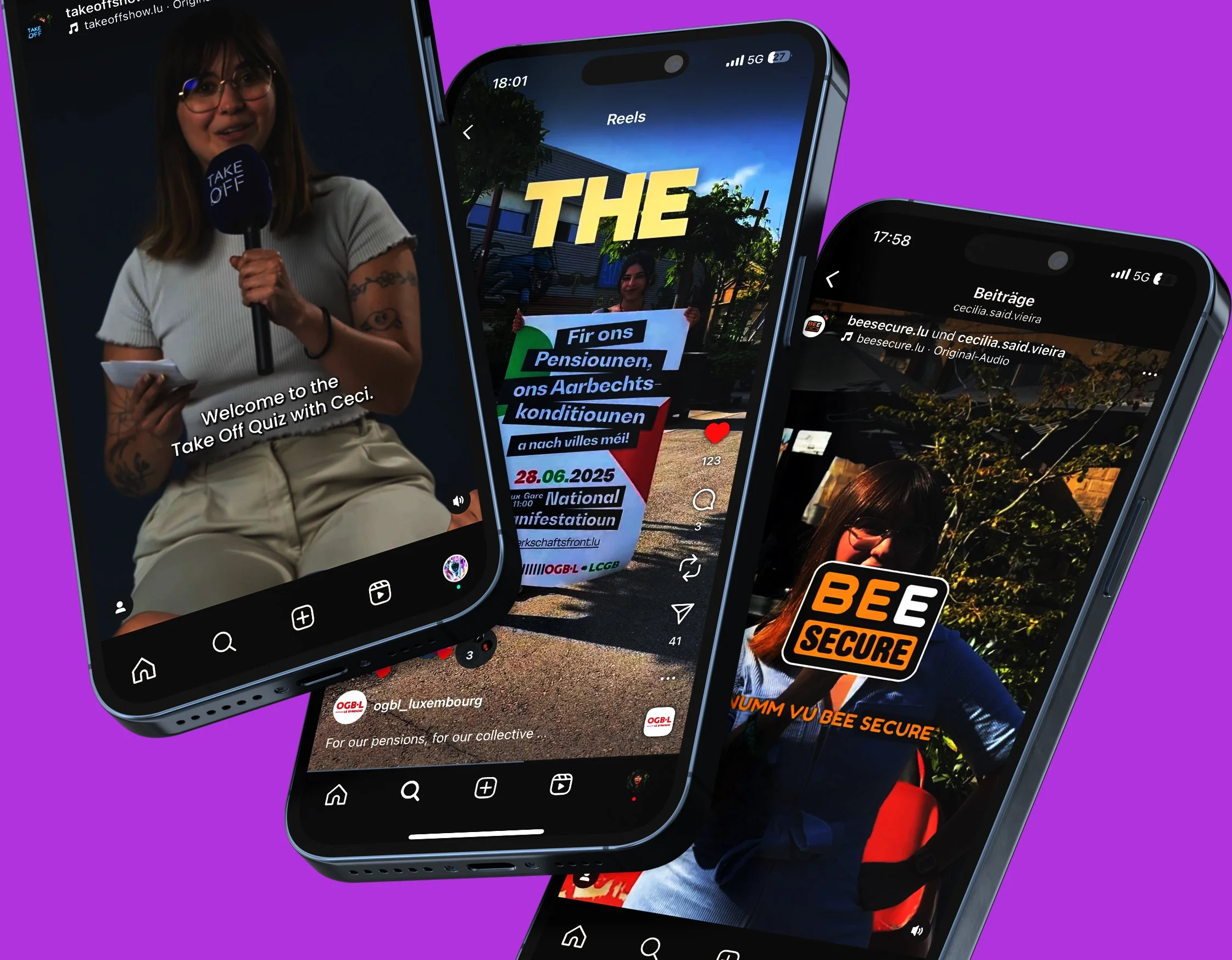 Three smartphones displaying social media content.