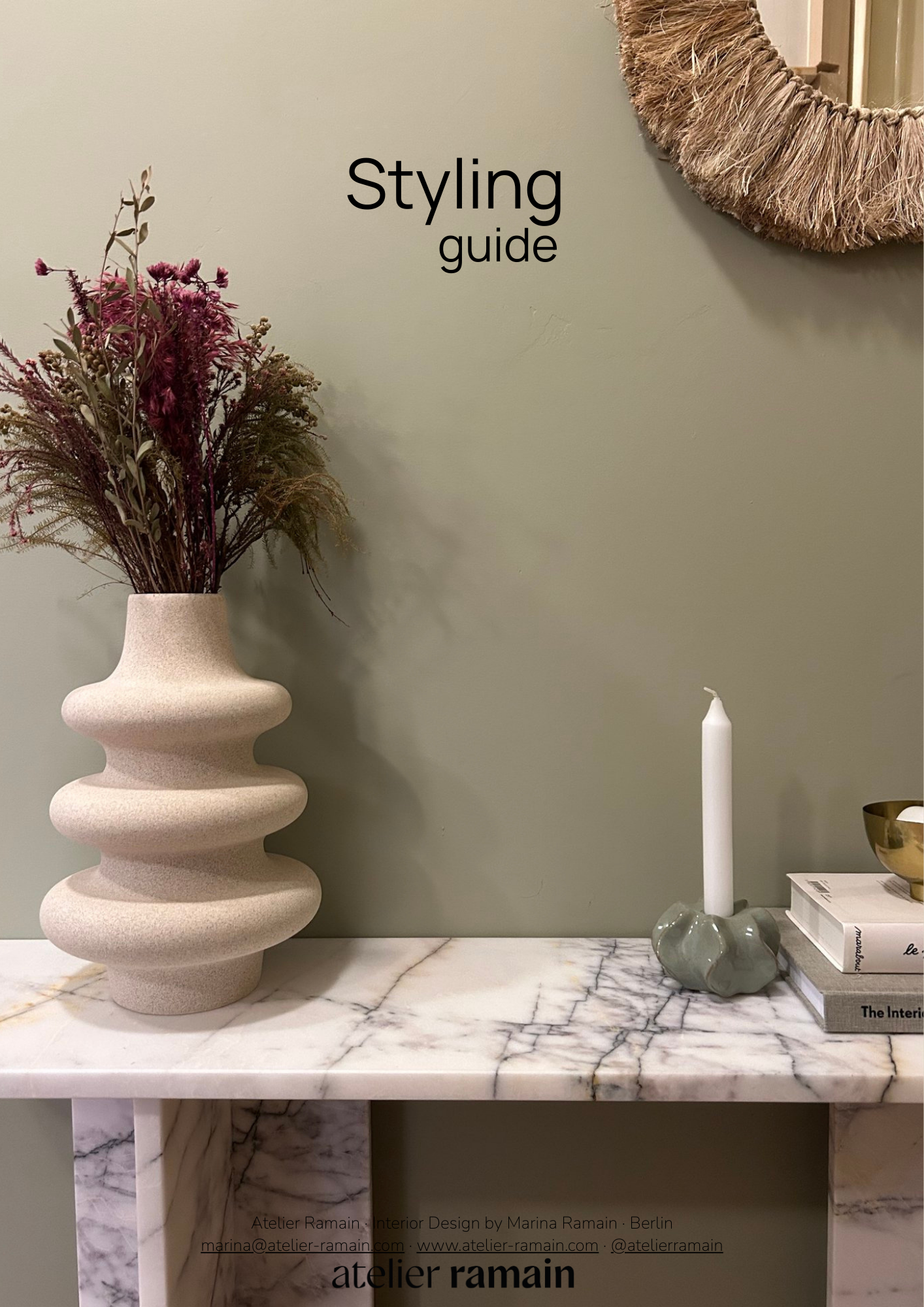 marble console with sthyling elements on a green background