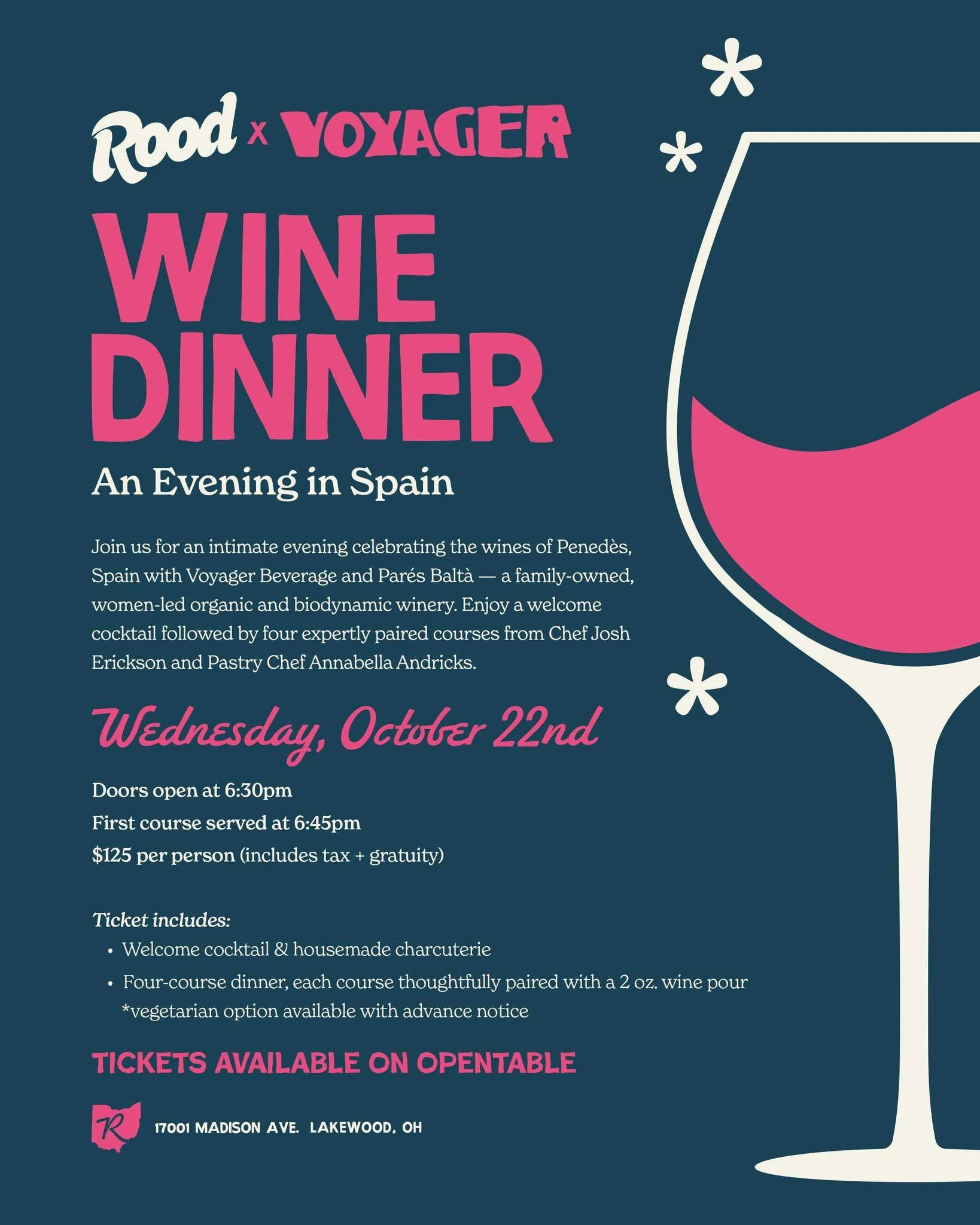 Join us for an Evening in Spain 🇪🇸 We've partnered with @voyagerbeverage once again for an intimate four-course dinner paired with exceptional wines from @paresbalta, a women-led, certified organic and biodynamic winery in Pened&egrave;s, Spain.

?