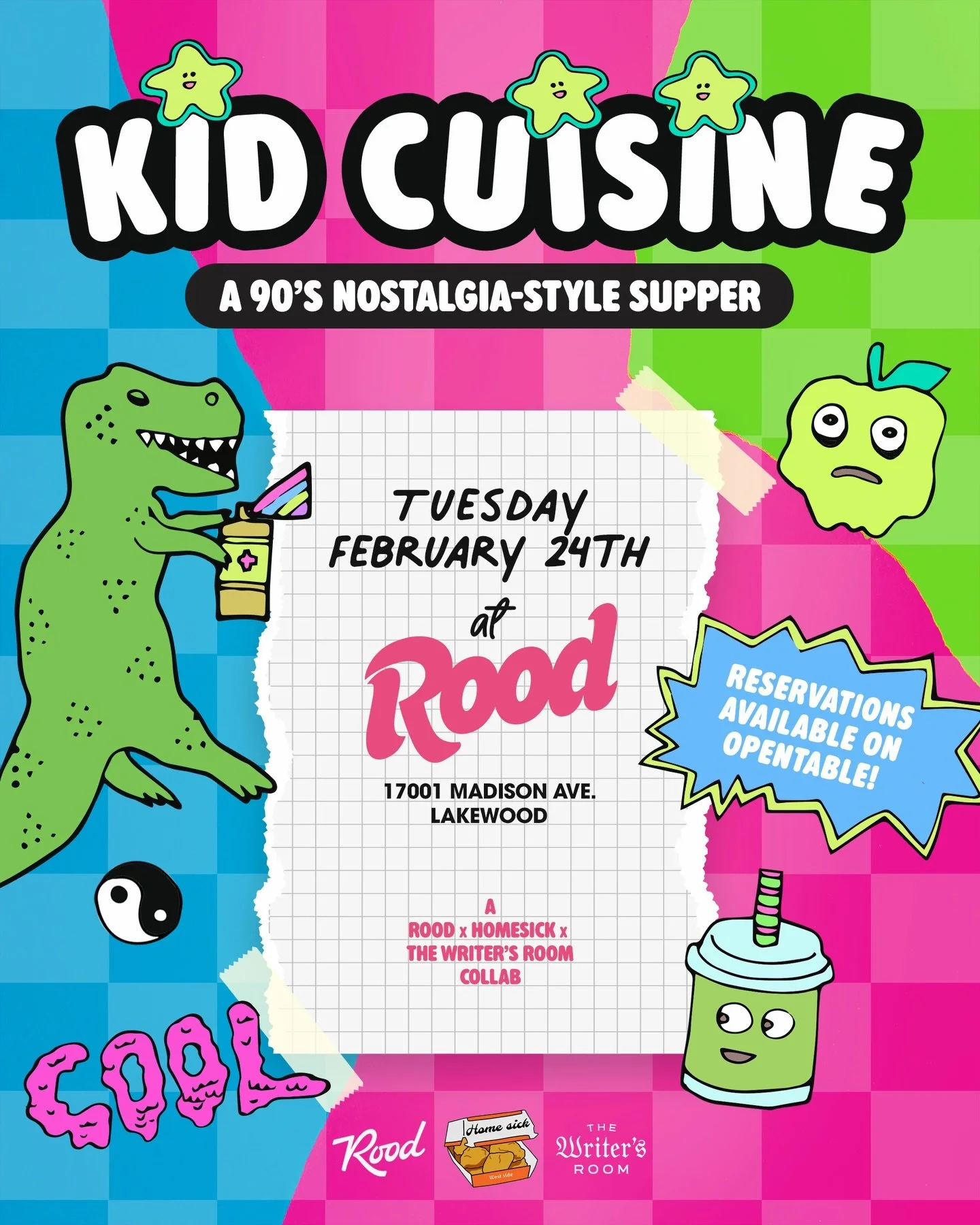 Kid Cuisine: A 90s Nostalgia-Style Supper

@rood x @chefjharm x @thewritersroomcle come together for a one-night supper reimagining the foods and drinks we grew up on, through a very grown-up lens.

90s nostalgia. Serious talent. RAD energy.
Seats ar
