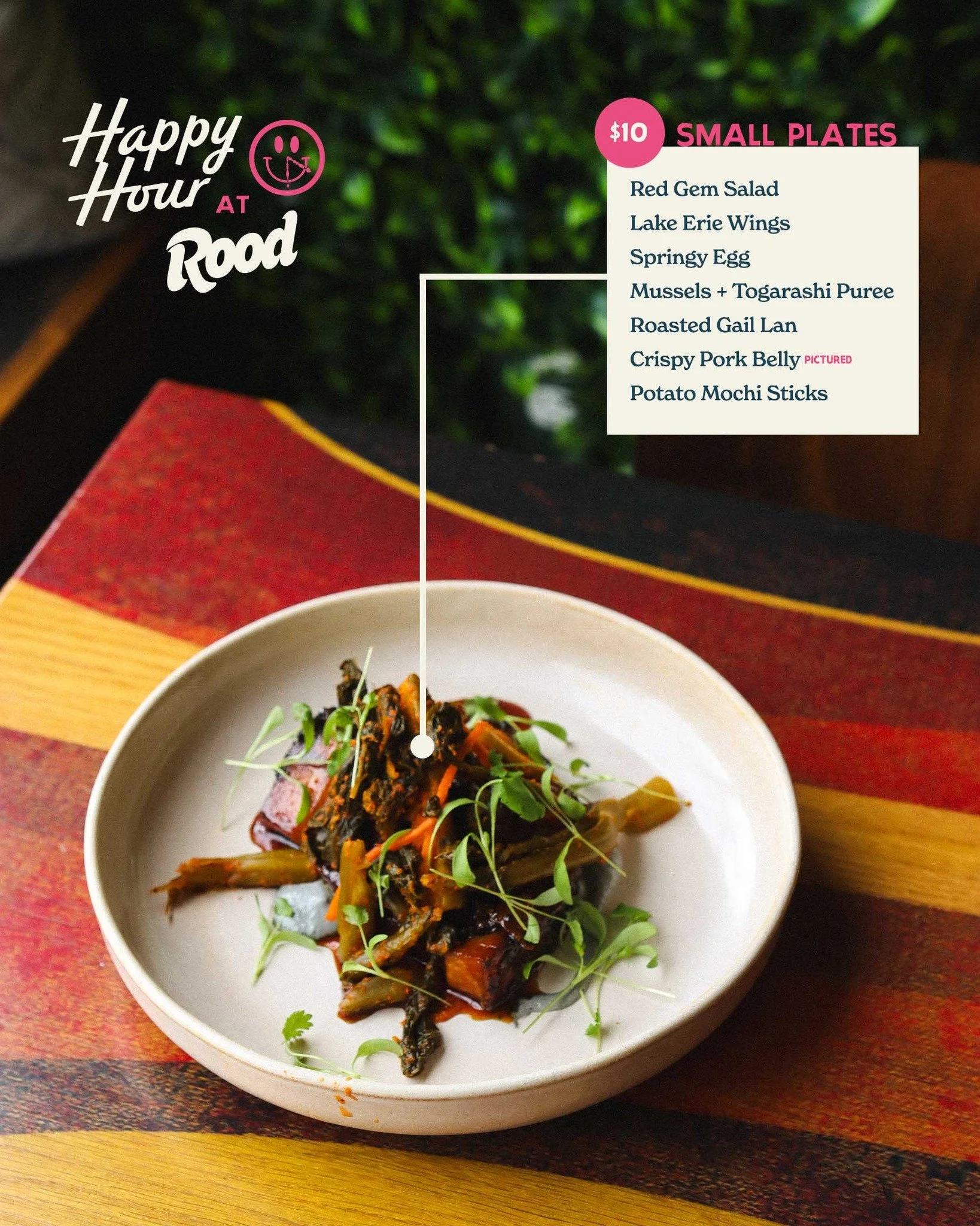 The best way to dine&hellip; Happy Hour at Rood = $10 small plates to fill the table, $10 cocktails to unwind, $5 pie slices to top it all off. 

Pop in, try a few things, have a drink, and be on your way&hellip; or stay awhile. We won&rsquo;t judge.