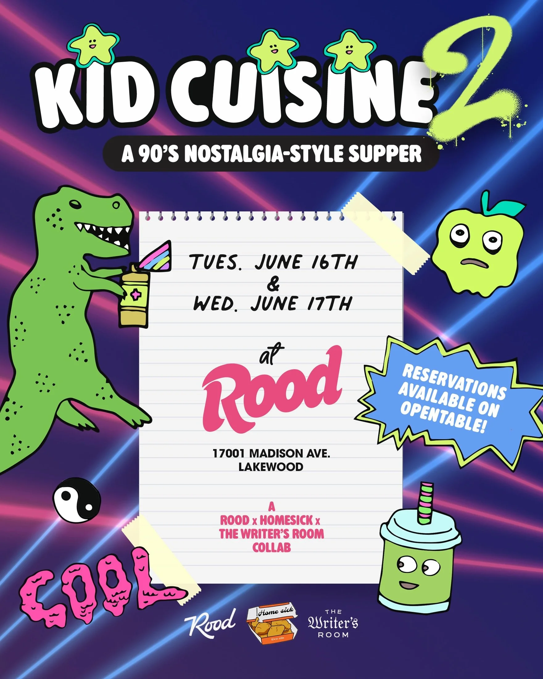 The Sequel is Set. 🦖 Kid Cuisine was such a hit, we&rsquo;re running it back.

@roodfoodpie x @chefjharm x @thewritersroomcle return for another one-night-only, 90s nostalgia supper. We&rsquo;re taking the iconic foods and drinks we grew up on and c