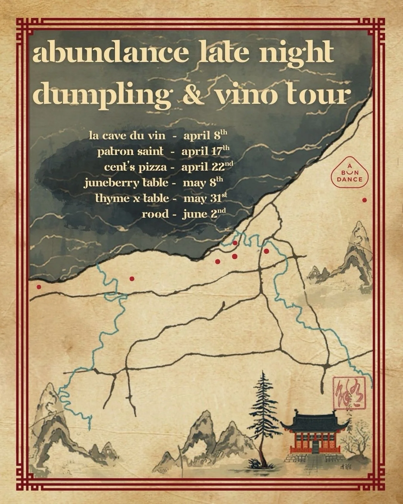 One night only! @abundanceculinary is bringing their Late Night Dumpling &amp; Vino Tour to Rood. 🥟 And we&rsquo;re the FINAL stop!

Join us Tuesday, June 2nd from 6&ndash;11 PM for a special evening with Abundance Culinary, a modern Chinese concept
