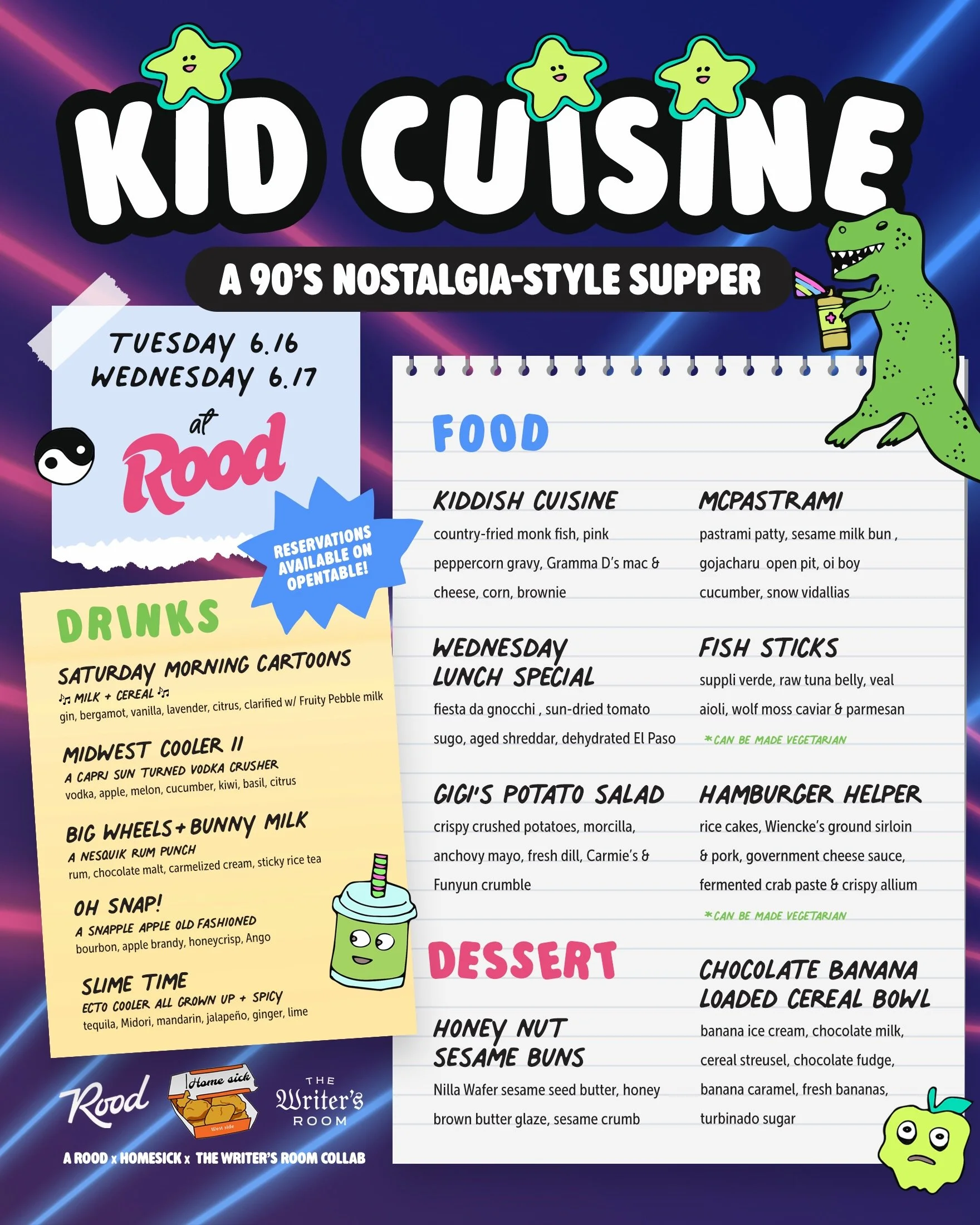 We&rsquo;re less than a week out from Kid Cuisine II! 🍕💜🦖 Check out the menu for our two-night pop-up featuring reimagined faves from our childhood courtesy of @rood x @chefjharm x @thewritersroomcle.

👉 Tues 6.16 + Wed. 6.17 |  5&ndash;10pm
✌️ R