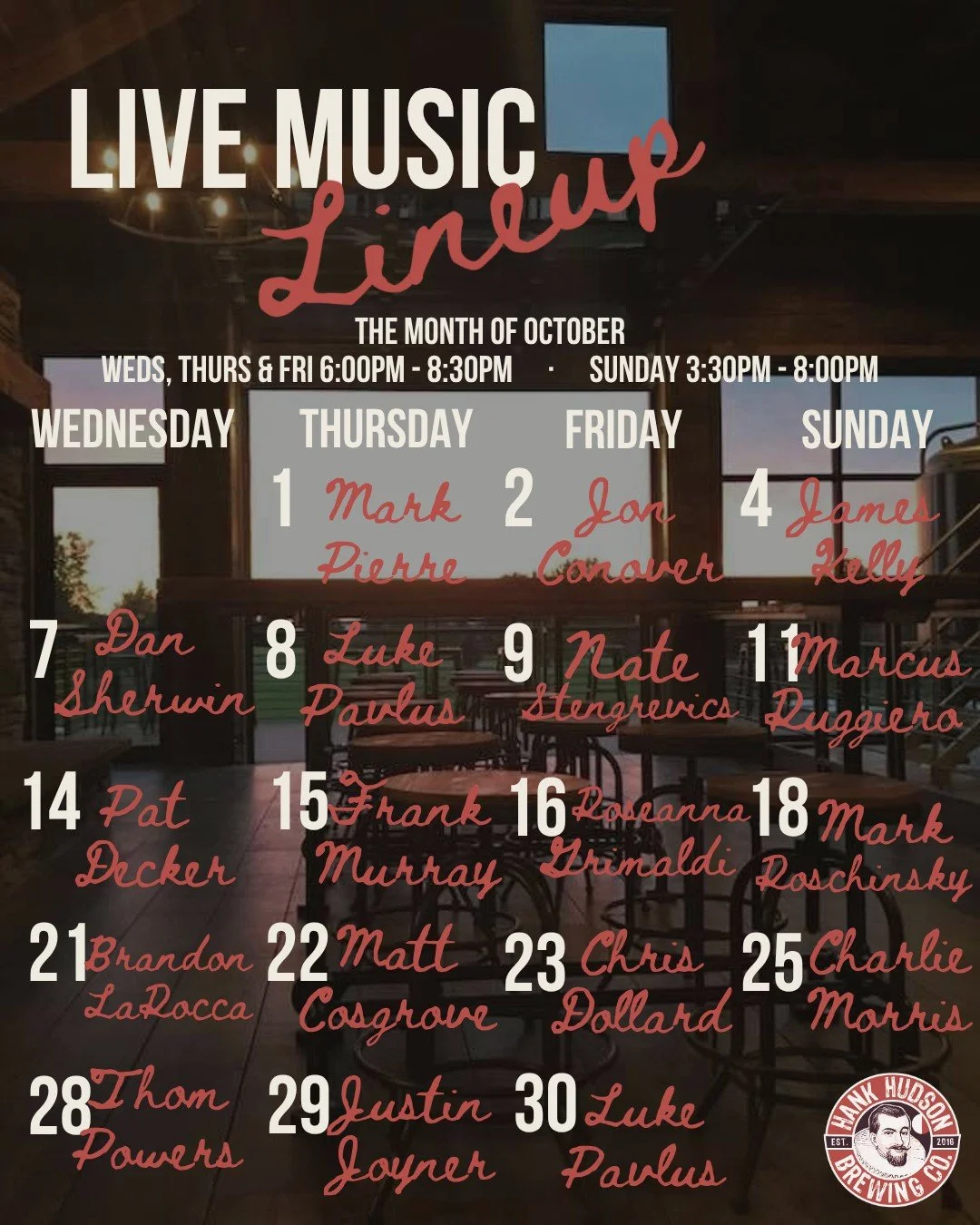 This month&rsquo;s live music schedule! Can&rsquo;t wait to see you here!

#hankhudsonbrewing #explorelocal #IDrankwithHank