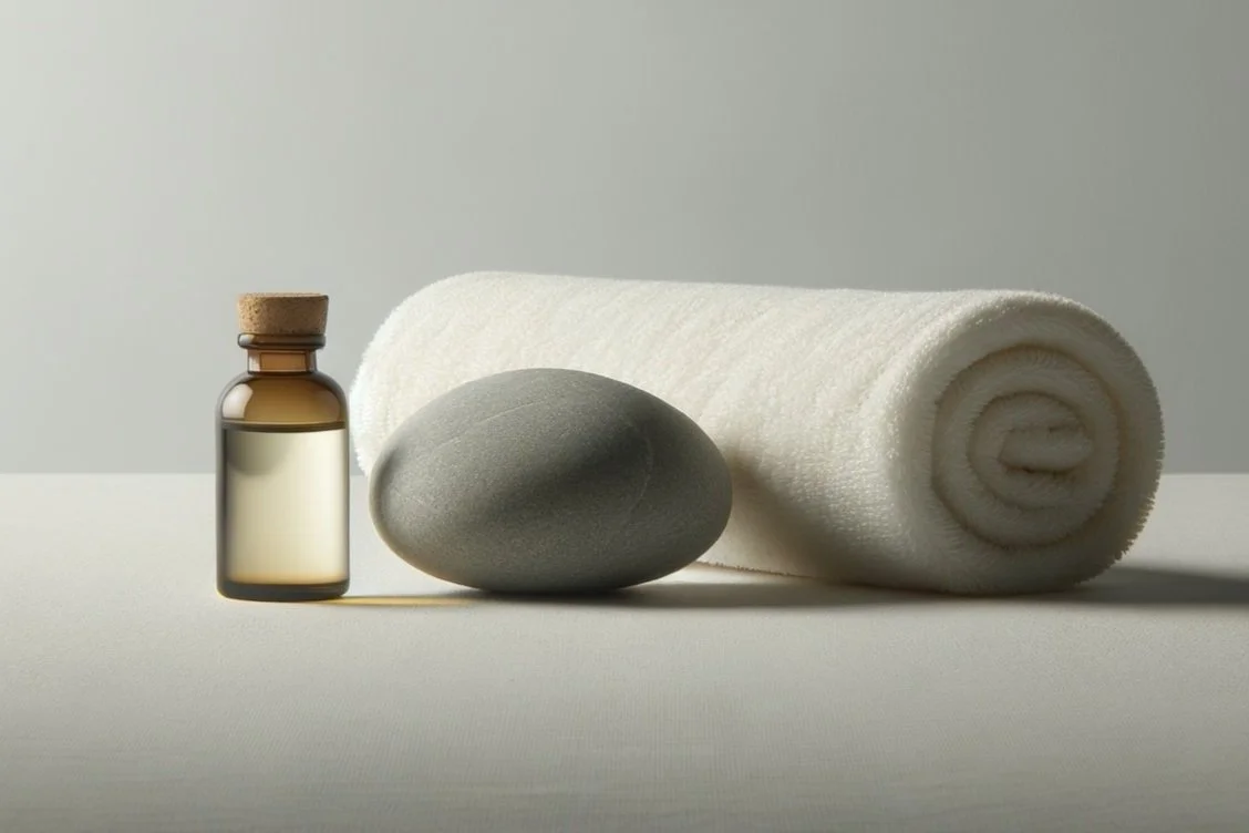 Spa essentials with a towel, stone, and oil bottle