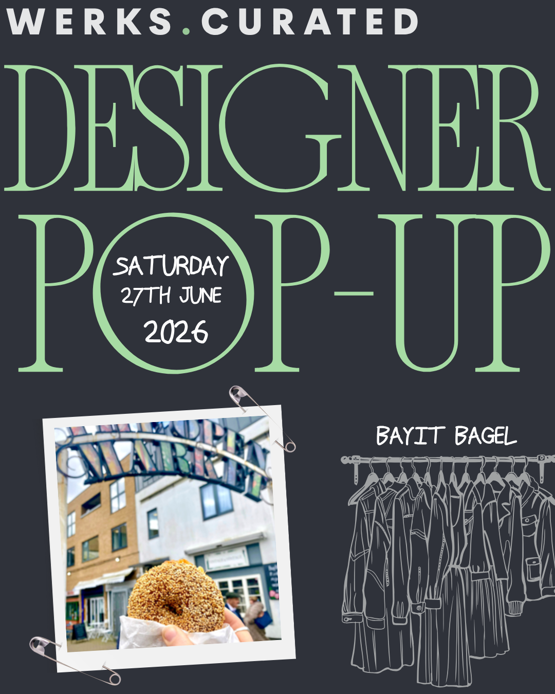 black and green poster outlining a designer pop up happening on the 27th June