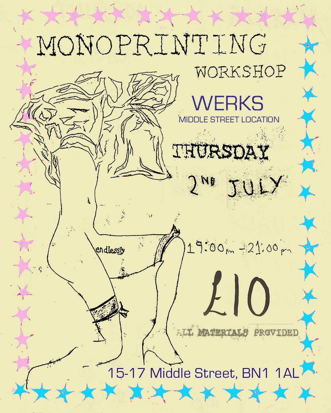 Yellow poster with pink and blue stars done in mono printing to showcase a creative workshop happening at the WERRKS