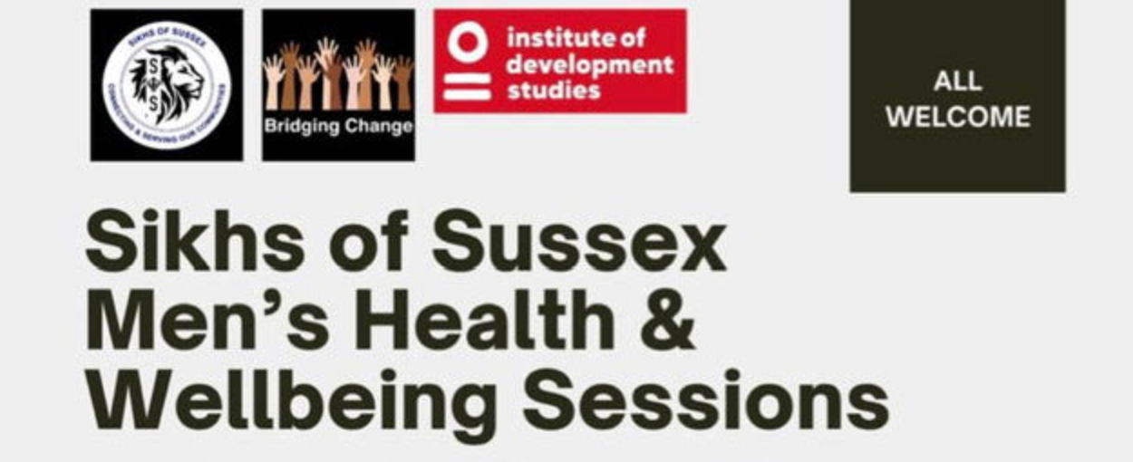 GREY POSTER WITH LOGOS TO DO WITH SIKHS OF SUSSEX MENS WELLBEING SESSIONS BEING HOSTED AT THE WERKS