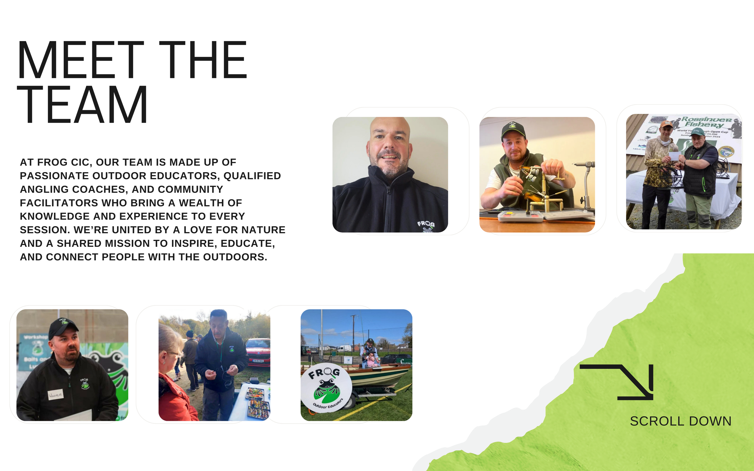 Introduction page showing team photos and description for Frog CIC outdoor education group.