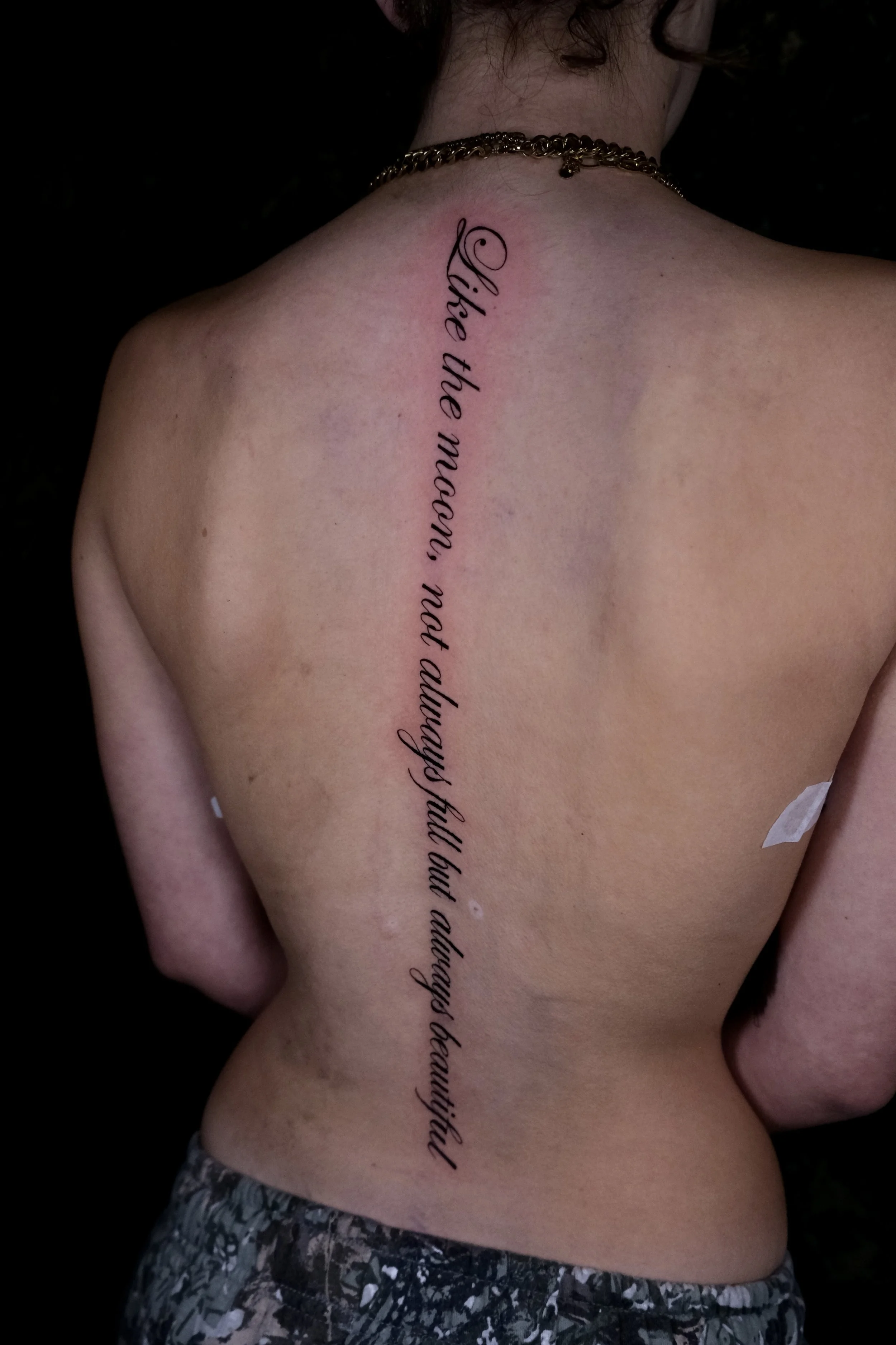 lijnwerk tekst tattoo ruggengraat