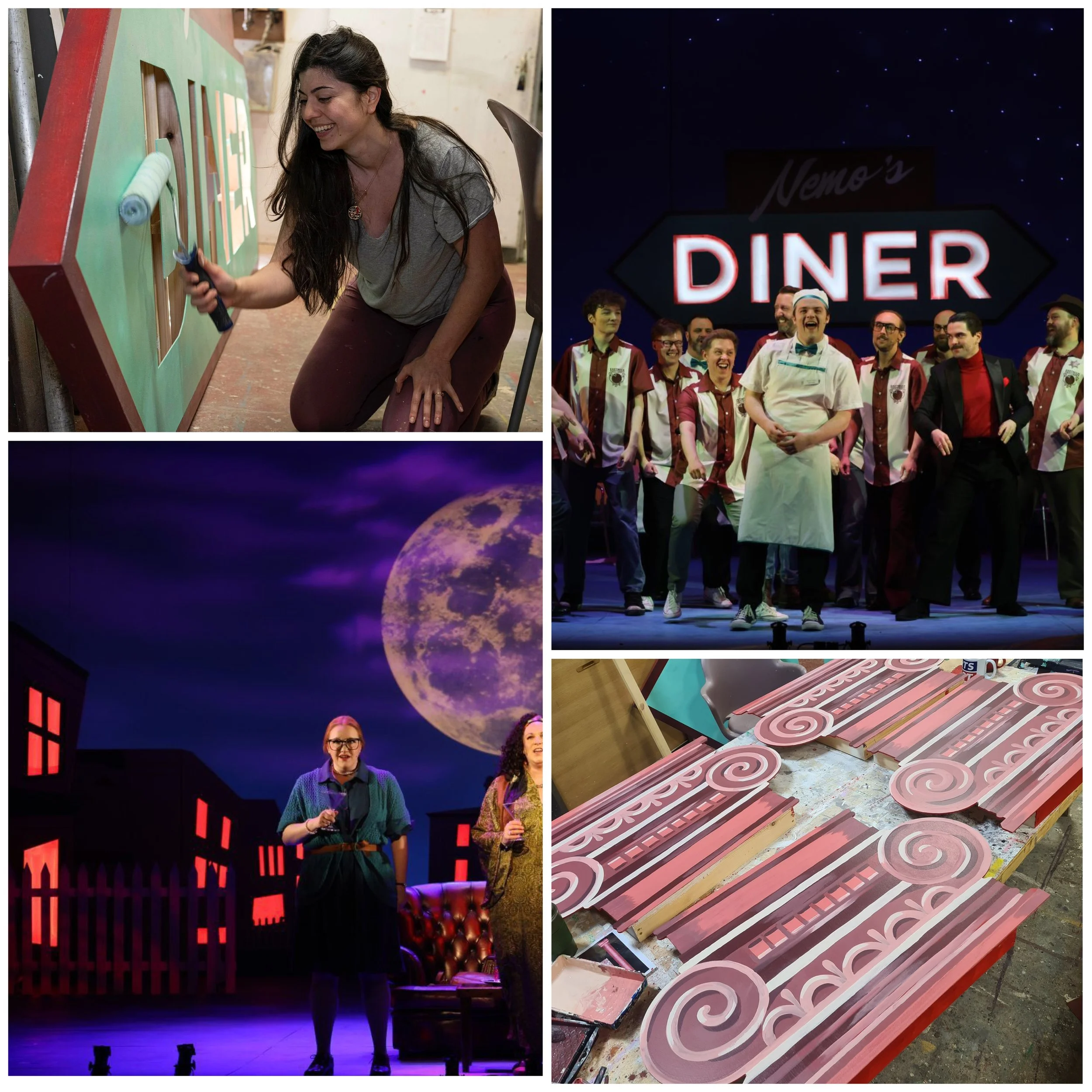 Collage of four images: a woman spray-painting a sign, a theater cast performing on stage with a neon diner sign in the background, a woman acting on stage with a full moon backdrop, and pink painted decorative wood pieces on a work table.