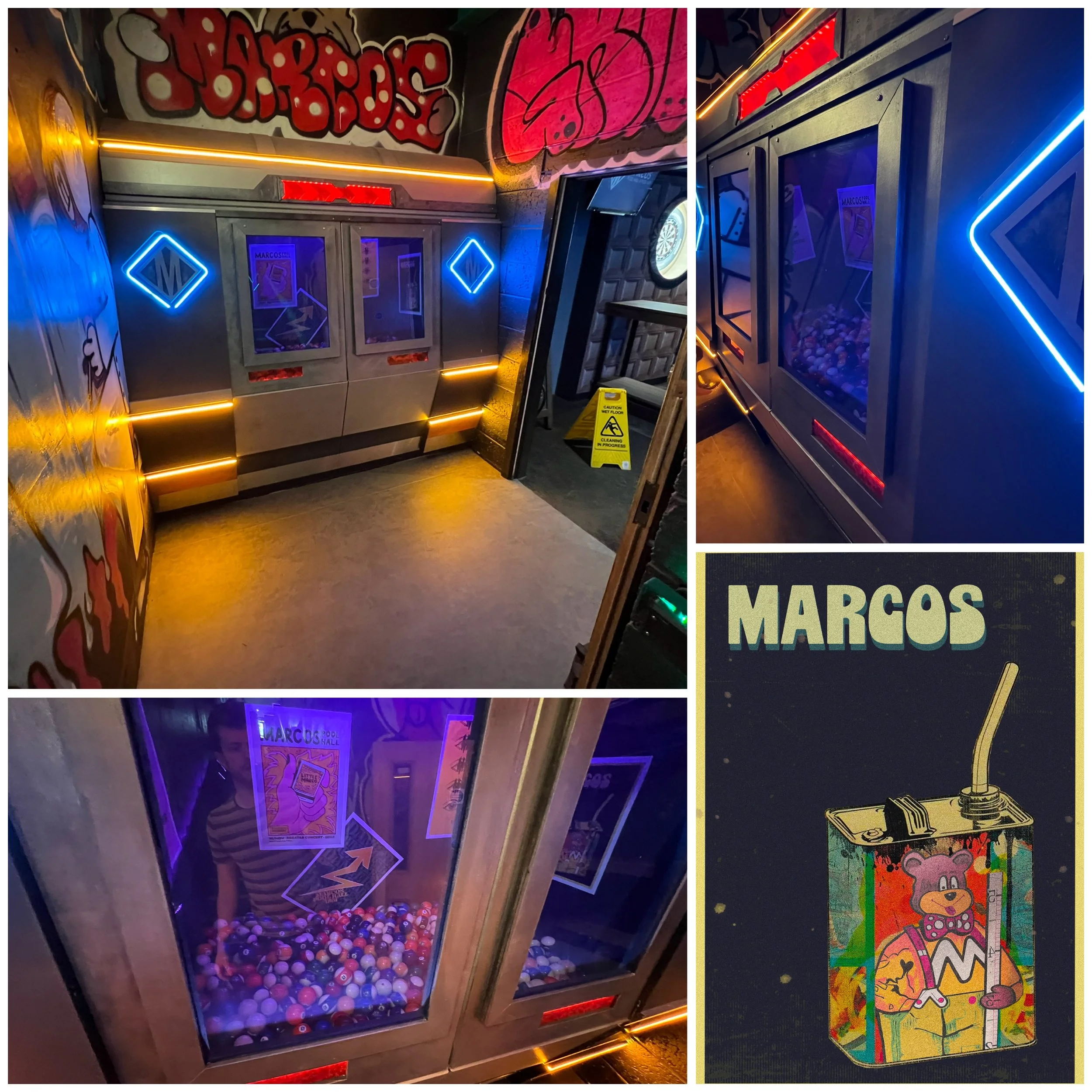 A mural with graffiti art, a ball pit with multicolored balls inside an arcade claw machine, and a comic-style poster of a cartoon bear holding a juice box labeled MARCOS with neon lighting elements.