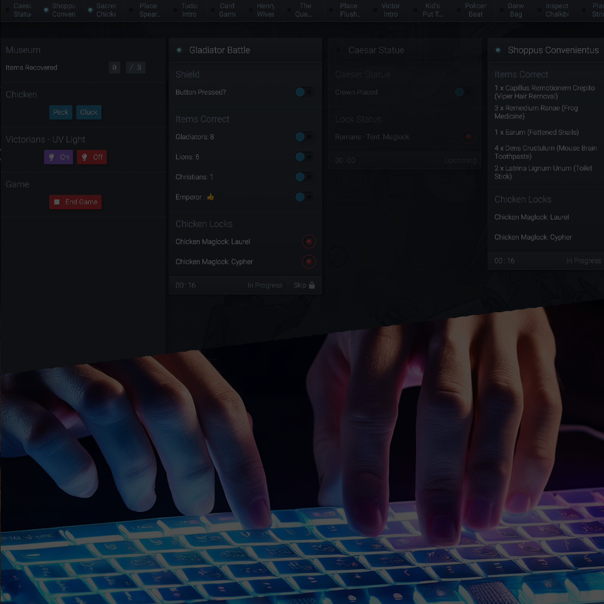 Hands typing on an illuminated RGB keyboard with an overlay of game interface elements, including menus and progress tracking.