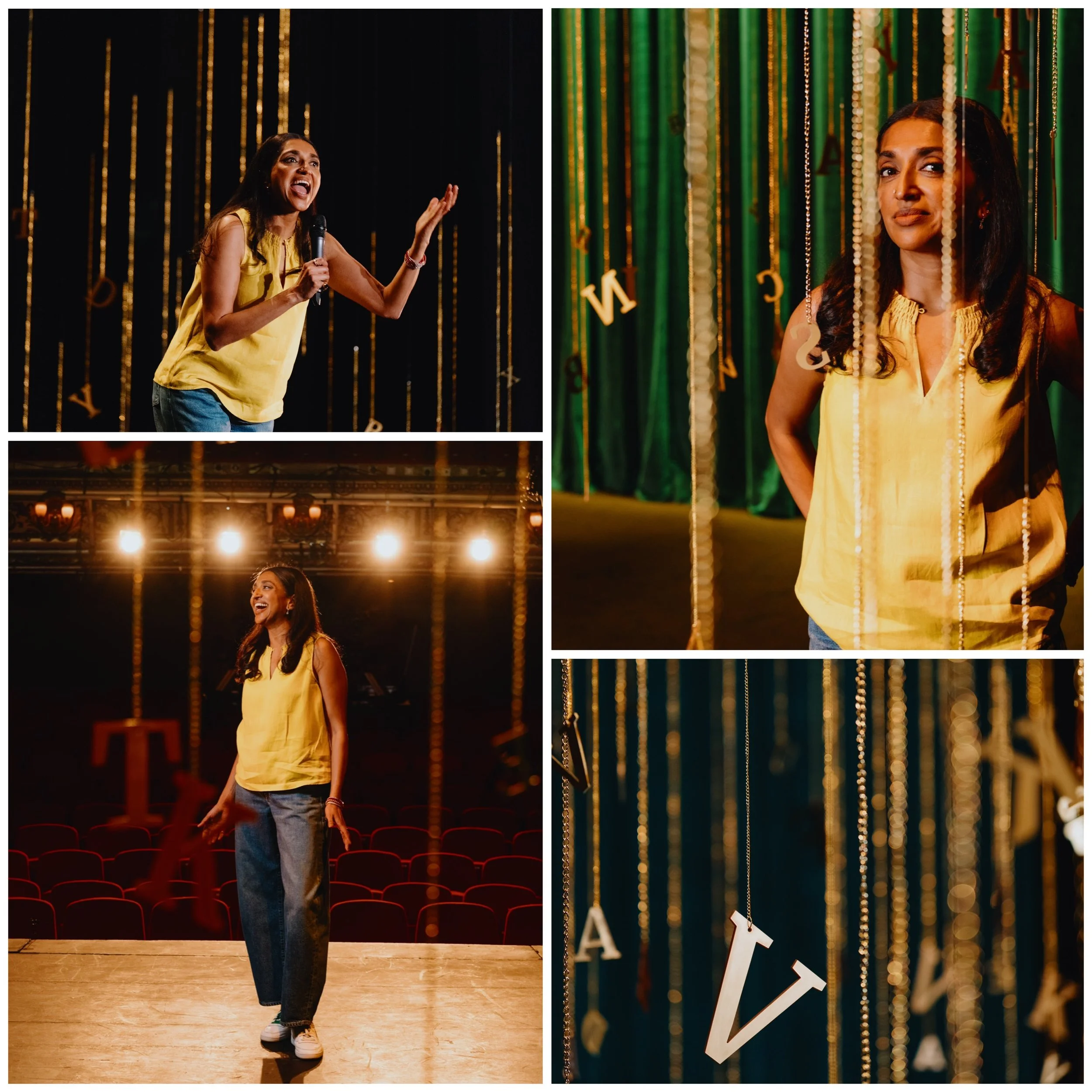 A woman in a yellow top and jeans performing on stage with a microphone, with stage lights and decorative hanging letters and beads.