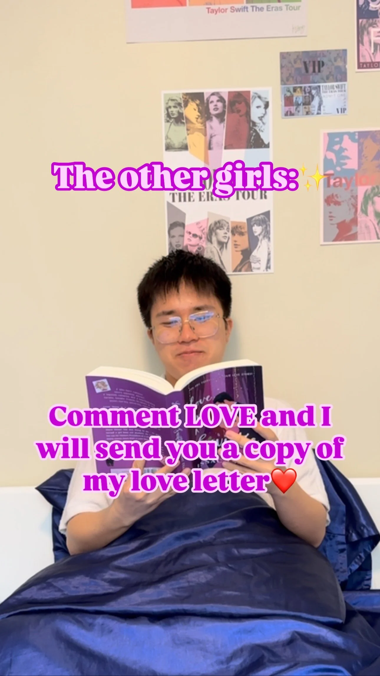 You’re thinking 🤔💭 maybe he’s talking to some other girl 😔💔…
Well... surprise, bestie 😌🎀.
The other girl he’s NOT texting ❌📩? It’s me, sitting in bed 🛏️💖, absolutely devouring Love Like A Swiftie 📚🎶💘.
Luca