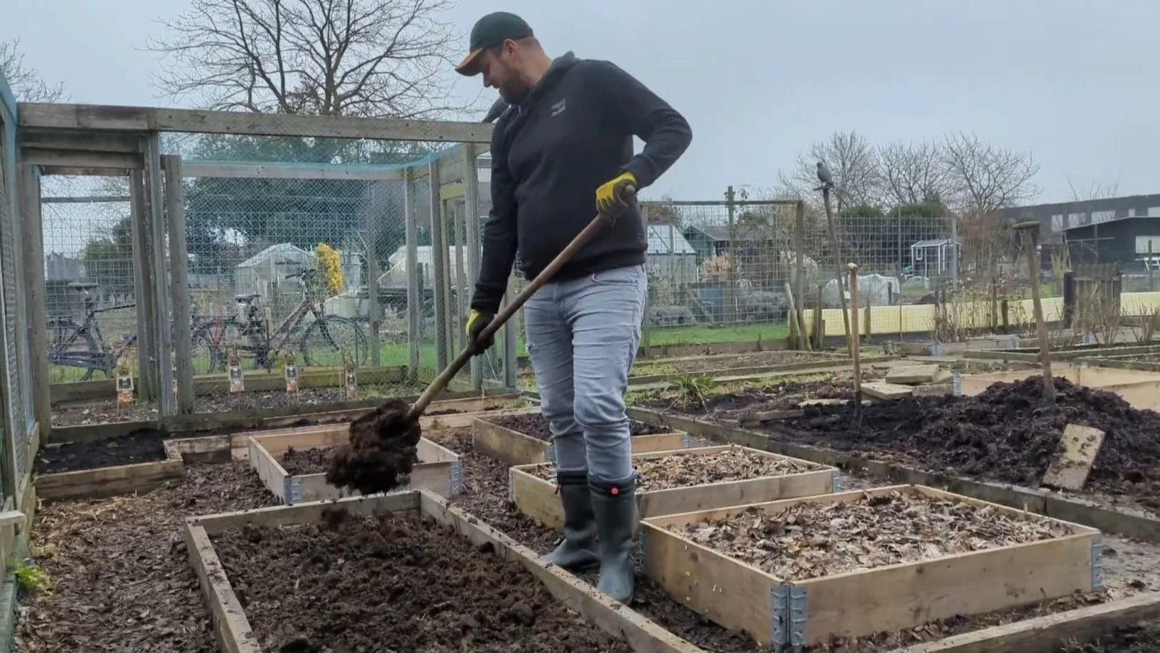 Een tuinier die compost verspreidt over verhoogde moestuinbedden in de herfst, ter voorbereiding op een gezond bodemleven.