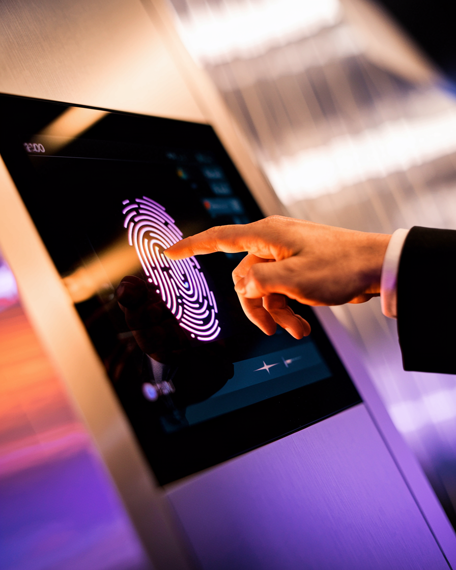 Hände, die einen Finger auf einen Touchscreen mit einem Leucht-Thumbprint-Symbol legen.