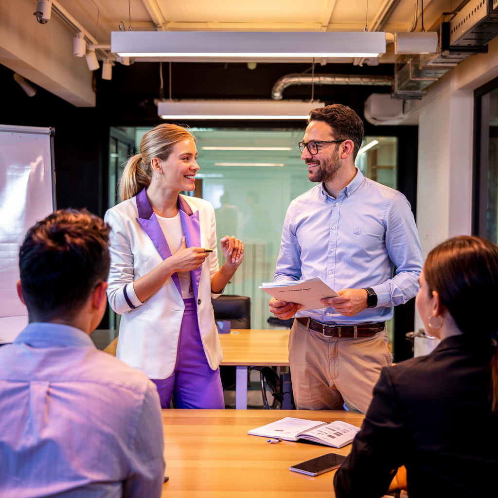 Geschäftstreffen in einem modernen Büro mit fünf Personen, die sich unterhalten und Notizen machen.