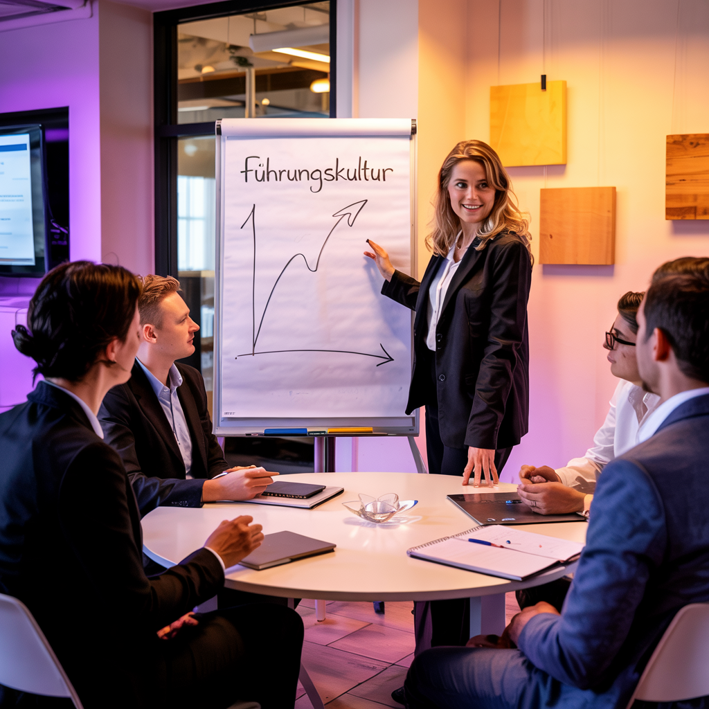 Geschäftsfrau präsentiert eine Flipchart mit dem Wort »Führungskultur« und einem aufsteigenden Diagramm vor fünf Business-Teilnehmern in einem modernen Meetingraum.