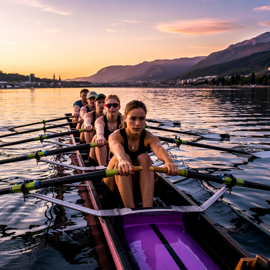 Sieben junge Frauen beim Rudern auf einem Fluss bei Sonnenuntergang, umgeben von Bergen.