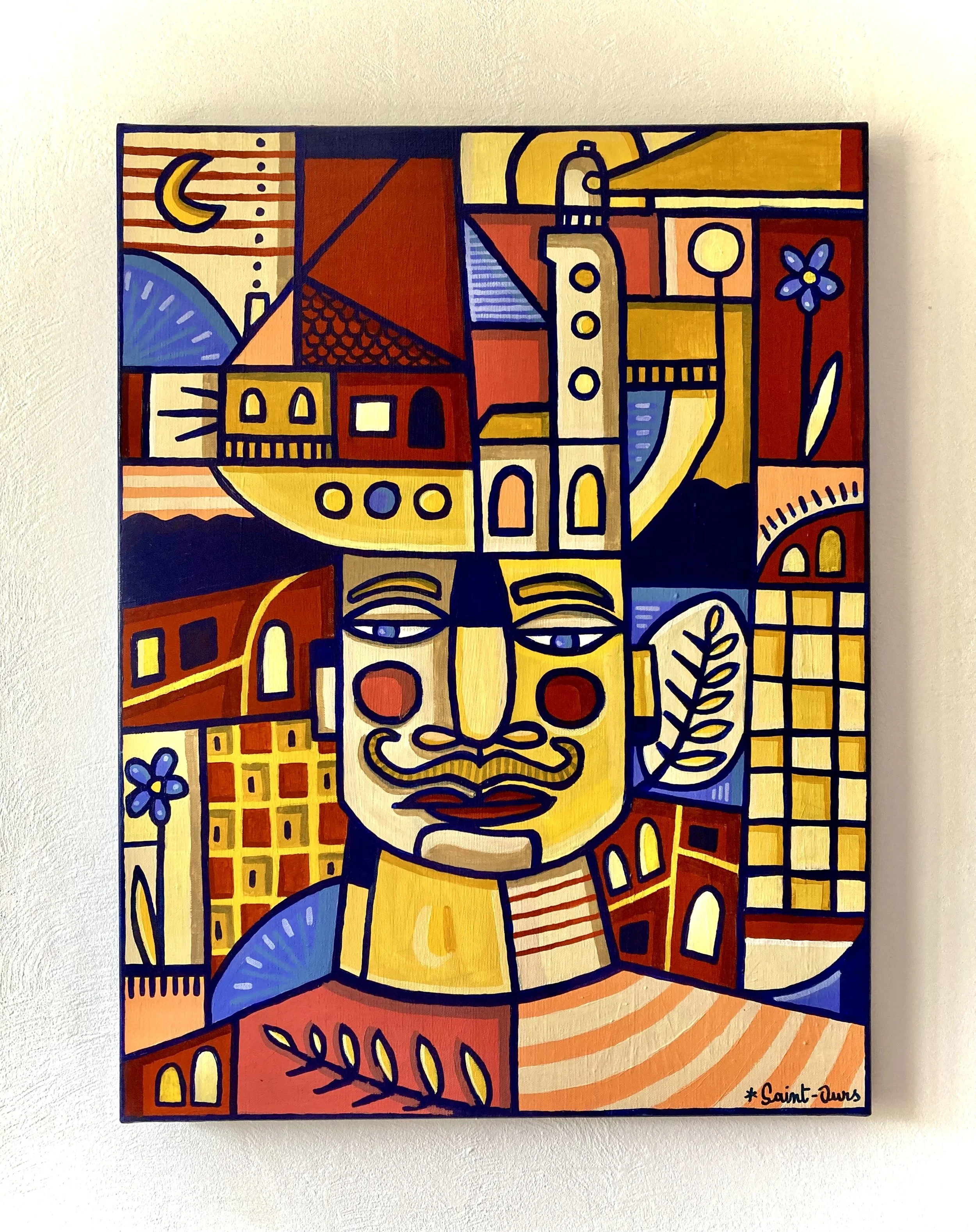 Peinture artistique colorée représentant un visage stylisé avec des éléments de ville en arrière-plan.