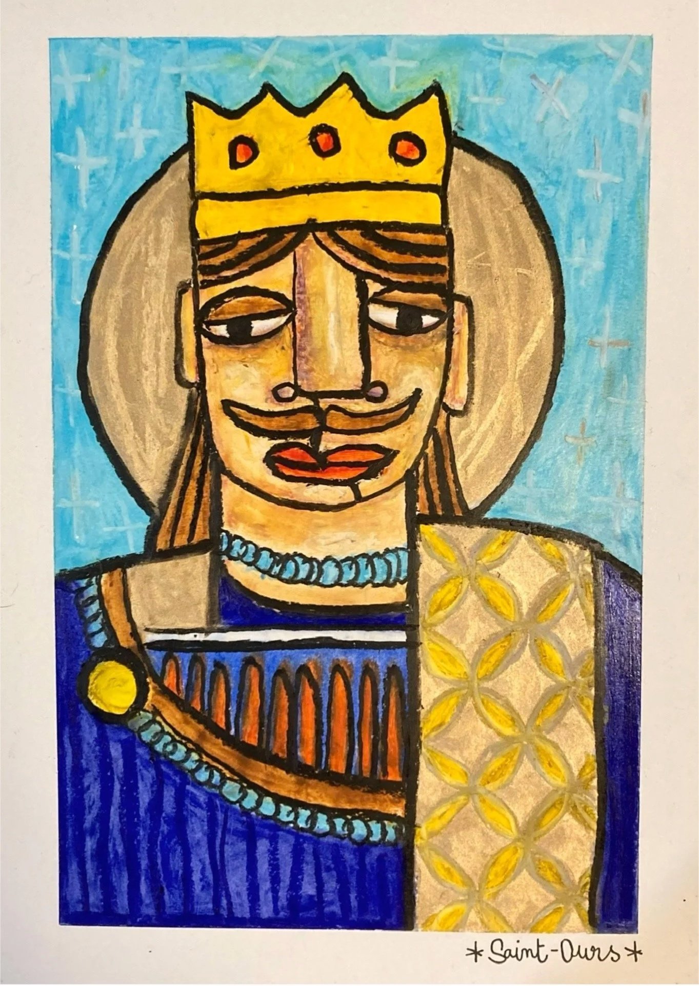 Un portrait stylisé d'un roi avec une couronne dorée, un visage souriant, des cheveux longs, portant une robe bleue ornée de motifs dorés, et un collier. Le fond est bleu clair. En bas, il est écrit 'Saint-Ours'.