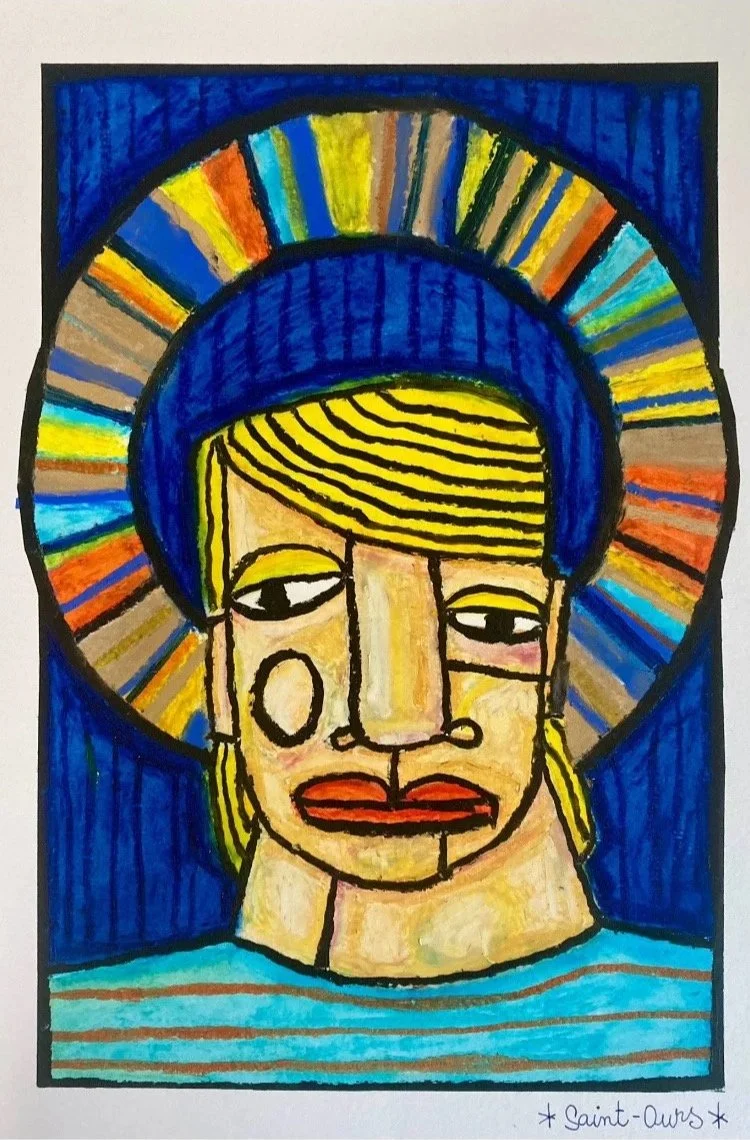 Portrait abstract d'une personne avec un halo coloré, cheveux blonds et vêtements bleus, dans un style cubiste.