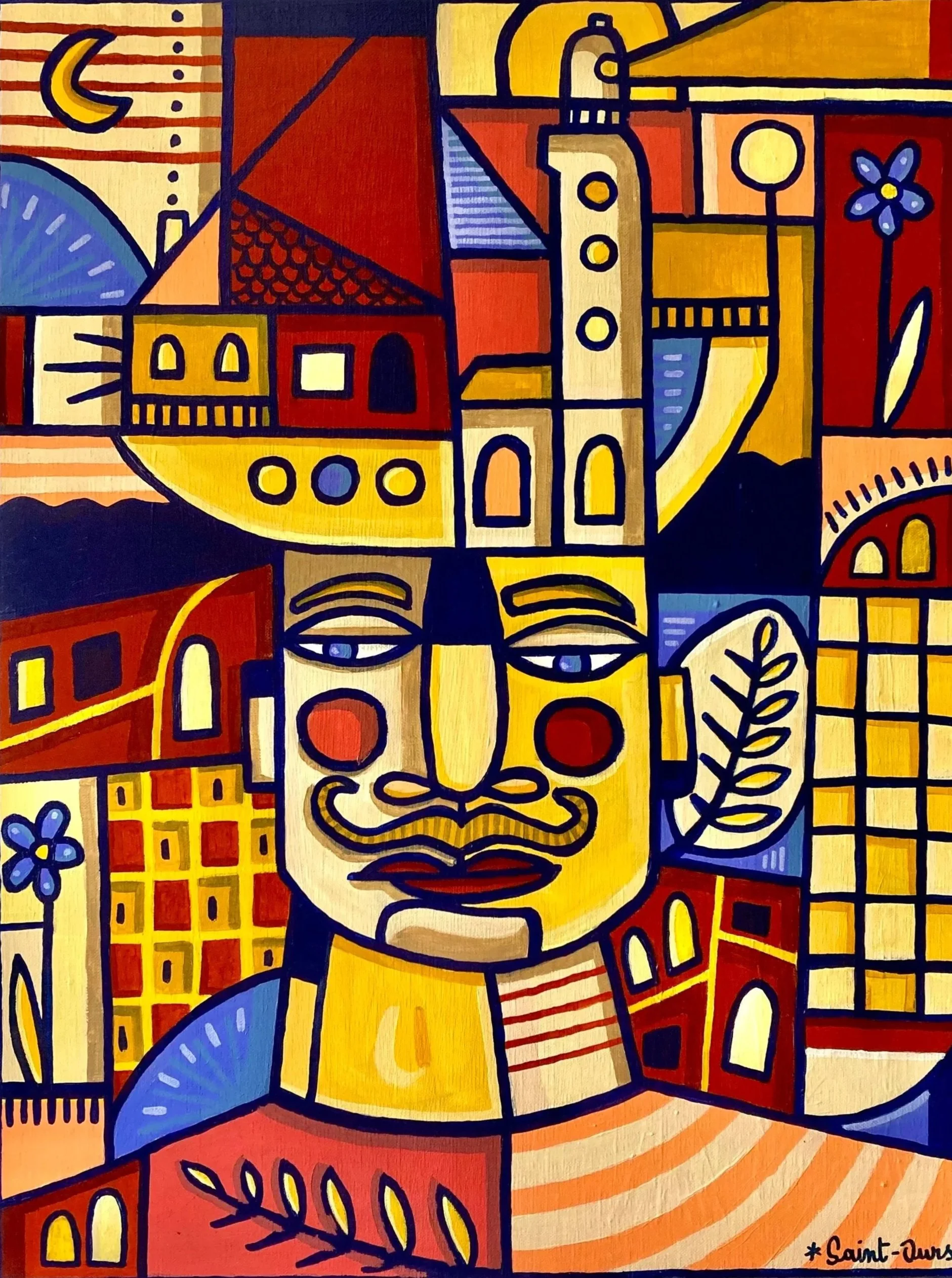 Peinture colorée de style cubiste représentant un visage avec une architecture urbaine en arrière-plan, utilisant principalement les couleurs jaune, rouge, bleu et noir.