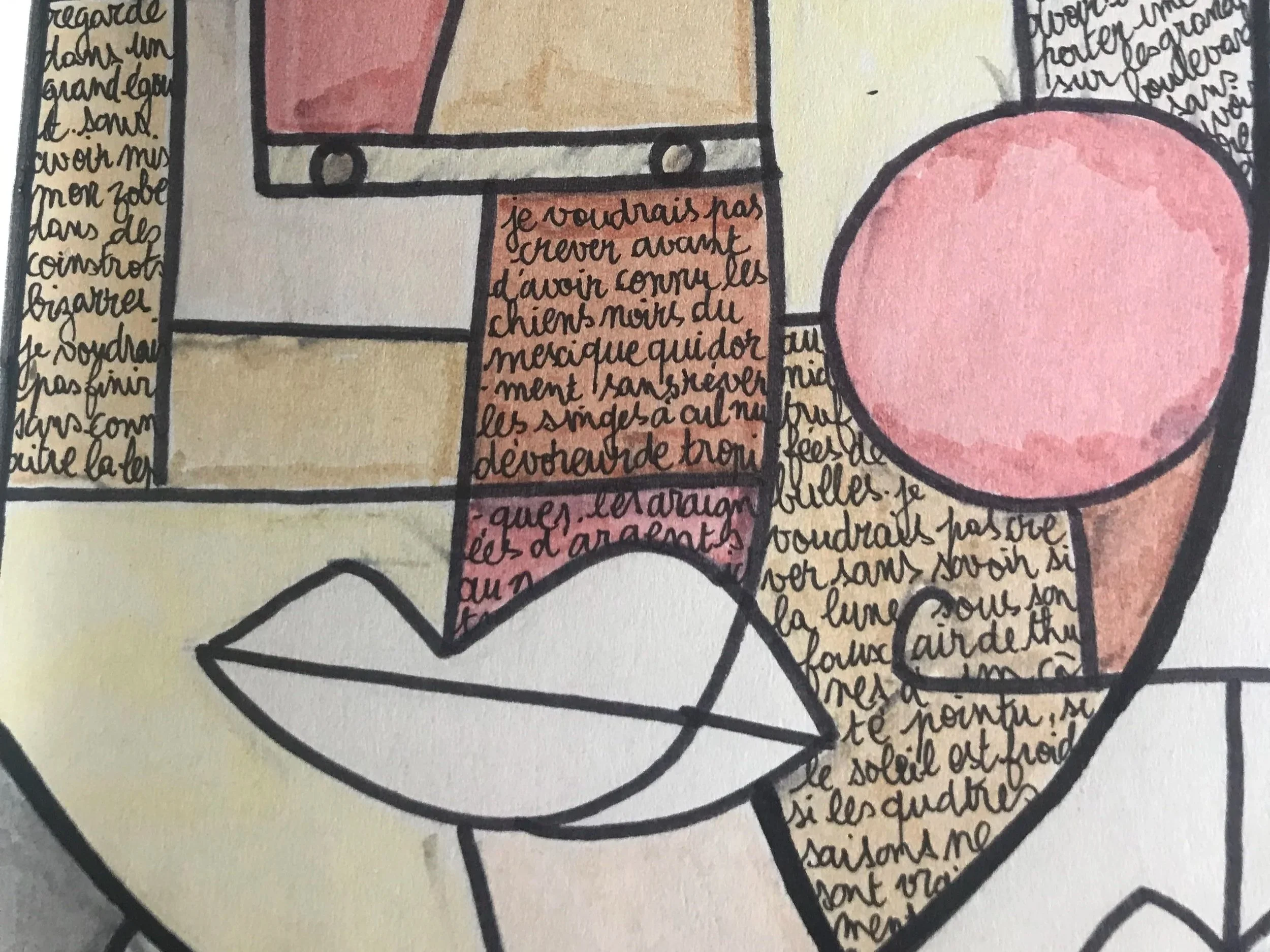 Une illustration abstraite avec différentes formes géométriques colorées en pastel, contenant des textes manuscrits en français, représentant un visage stylisé avec une bouche, un cercle pour la joue, et autres éléments graphiques.