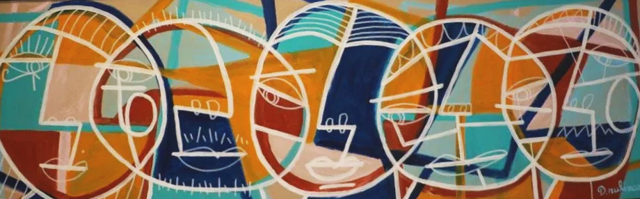 Une fresque abstraite colorée avec des formes géométriques, lignes et courbes, dans des tons vifs comme orange, bleu, beige et blanc.