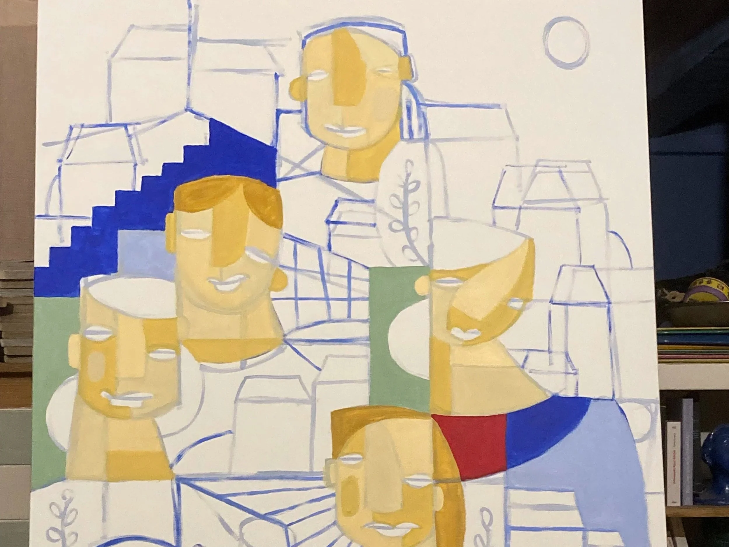 Peinture abstraite représentant des visages stylisés aux couleurs jaune et beige, avec des éléments de lignes bleues et vertes, et une touche de rouge et bleu.