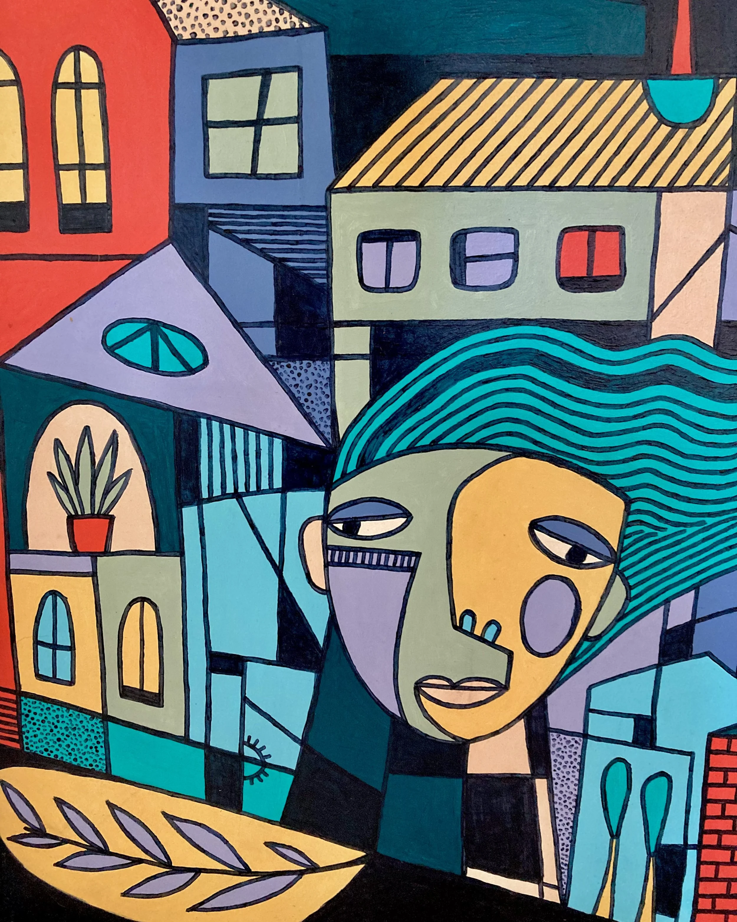 Une peinture abstraite colorée représentant une femme avec des cheveux bleus, des bâtiments colorés en arrière-plan, des fenêtres, des plantes, et des éléments géométriques.