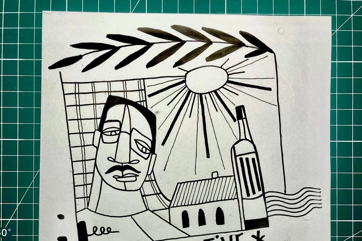 Dessin en ligne représentant un homme avec moustache, une église, un soleil, une bouteille, et des feuilles en haut.