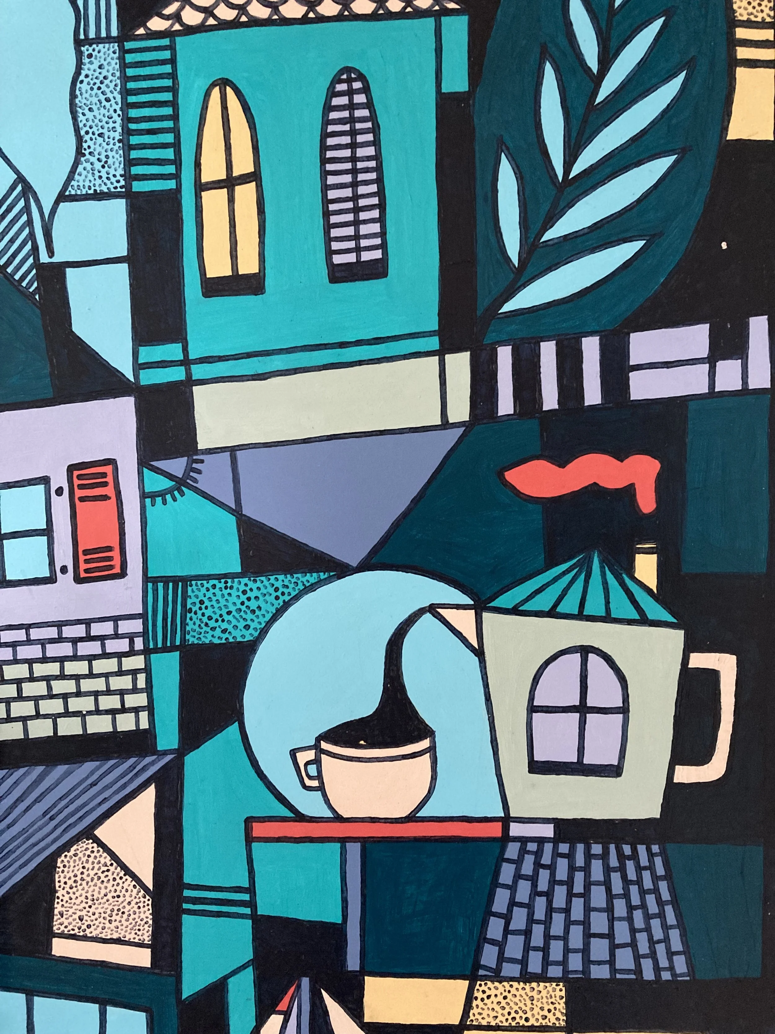 Une peinture abstraite représentant des bâtiments colorés avec des fenêtres, une tasse à café, un arbre, un nuage rose, et diverses formes géométriques dans un style cubiste avec des couleurs vives comme le bleu, le vert, le jaune, le noir, et le rouge.
